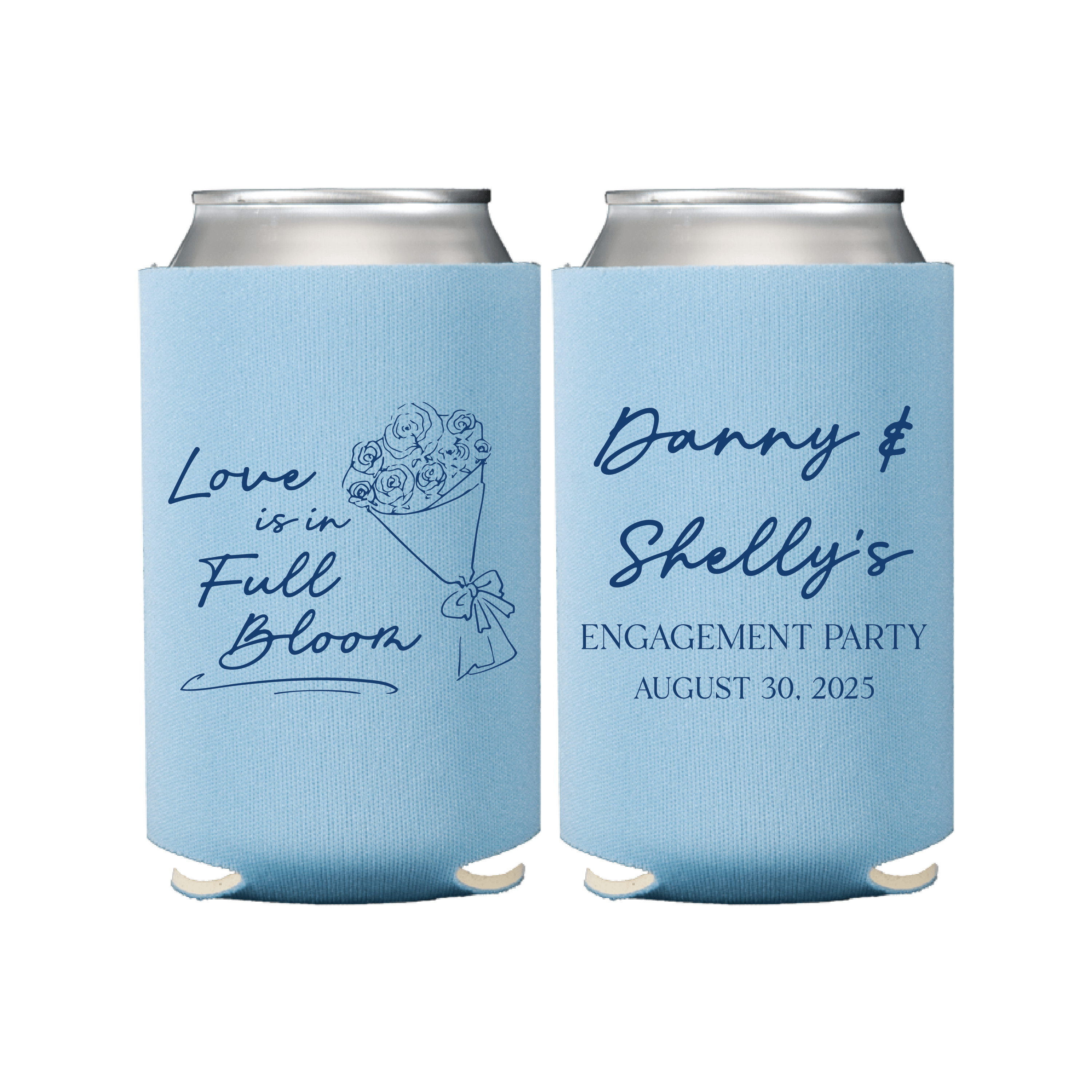 Light blue can coolers with "Love is in Full Bloom" floral design and personalized names "Danny & Shelly's Engagement Party August 30, 2025"