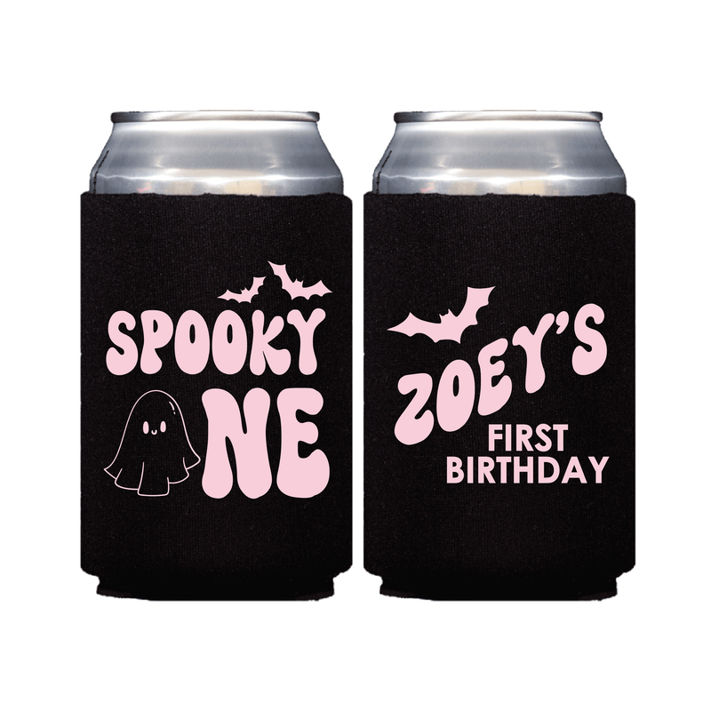Black neoprene can coolers with pink "Spooky One" ghost design and "Zoey's First Birthday" personalization with bat motif