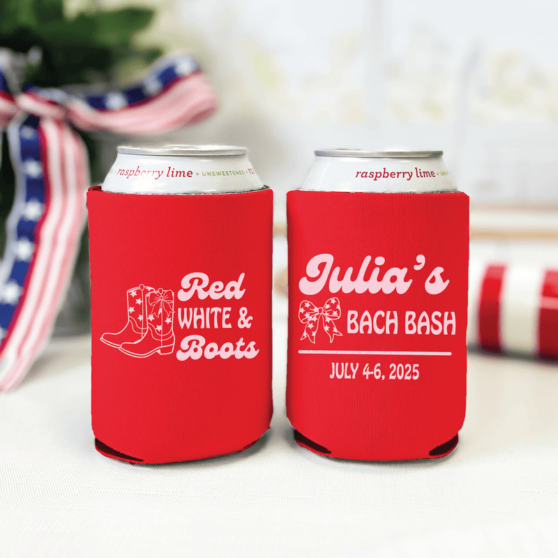 Red foam can coolers with personalized "Julia's Bach Bash" and "Red White & Boots" text, dated July 4-6, 2025