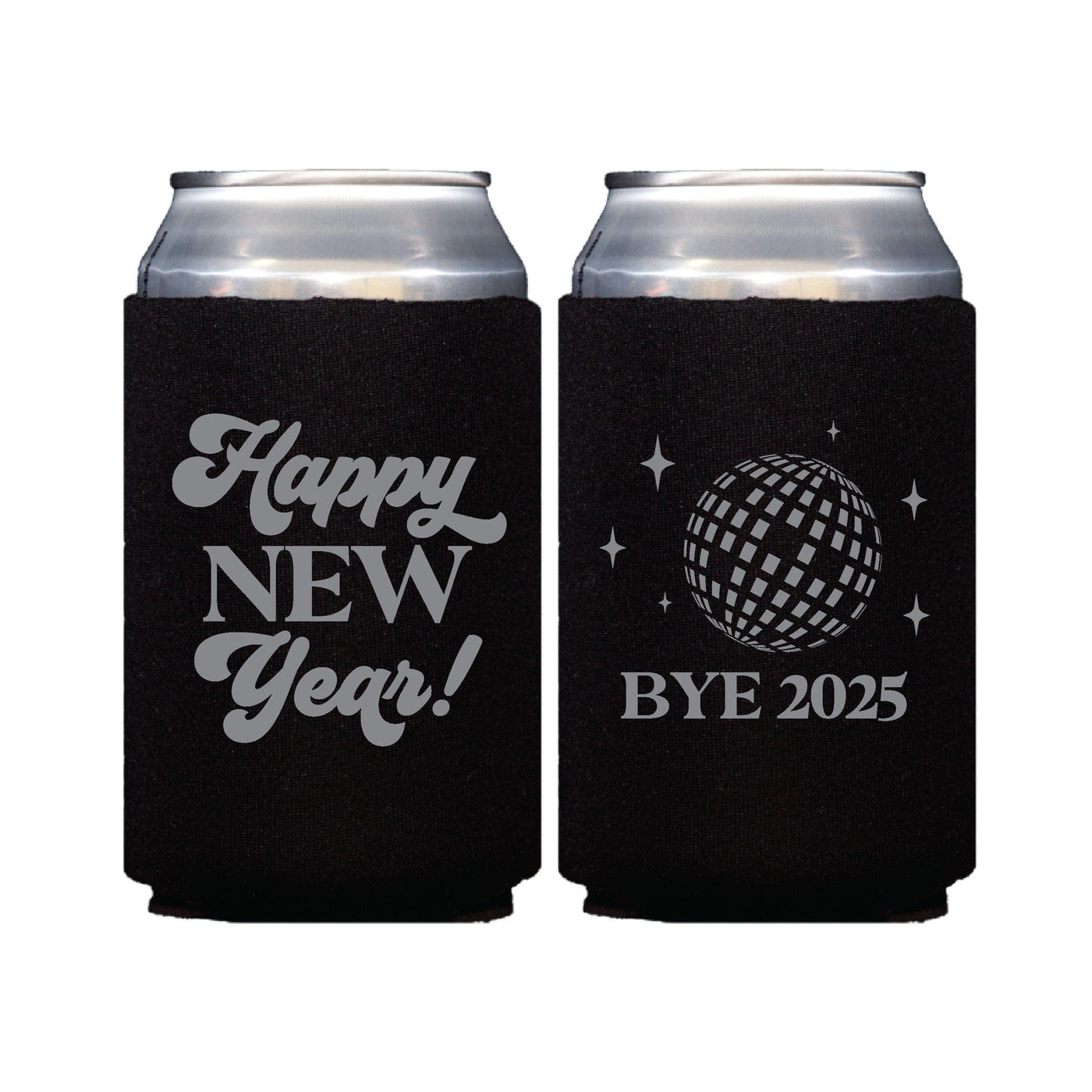 A black foam or neoprene can cooler featuring a grey New Year's themed design with a celebratory message on one side and a disco ball with stars on the other, ideal for keeping beverages cold at a festive event.