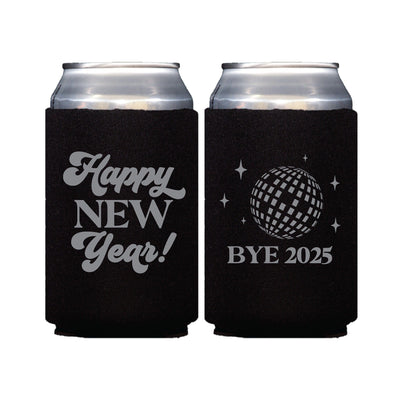 A black foam or neoprene can cooler featuring a grey New Year's themed design with a celebratory message on one side and a disco ball with stars on the other, ideal for keeping beverages cold at a festive event.