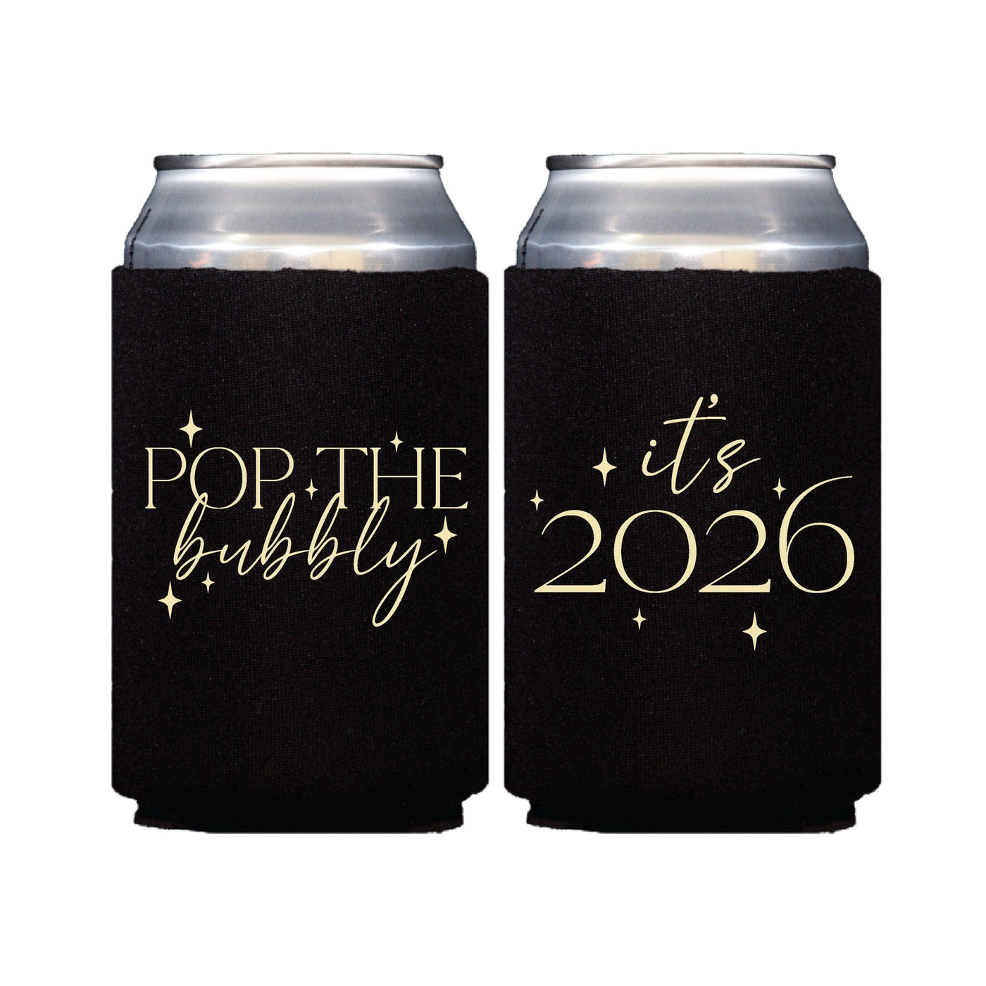 A black neoprene can cooler featuring a gold sparkling design, intended for keeping beverages cool at festive events.