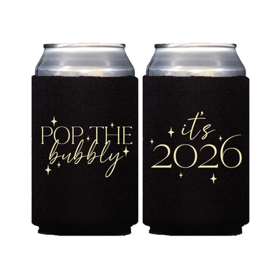 A black neoprene can cooler featuring a gold sparkling design, intended for keeping beverages cool at festive events.