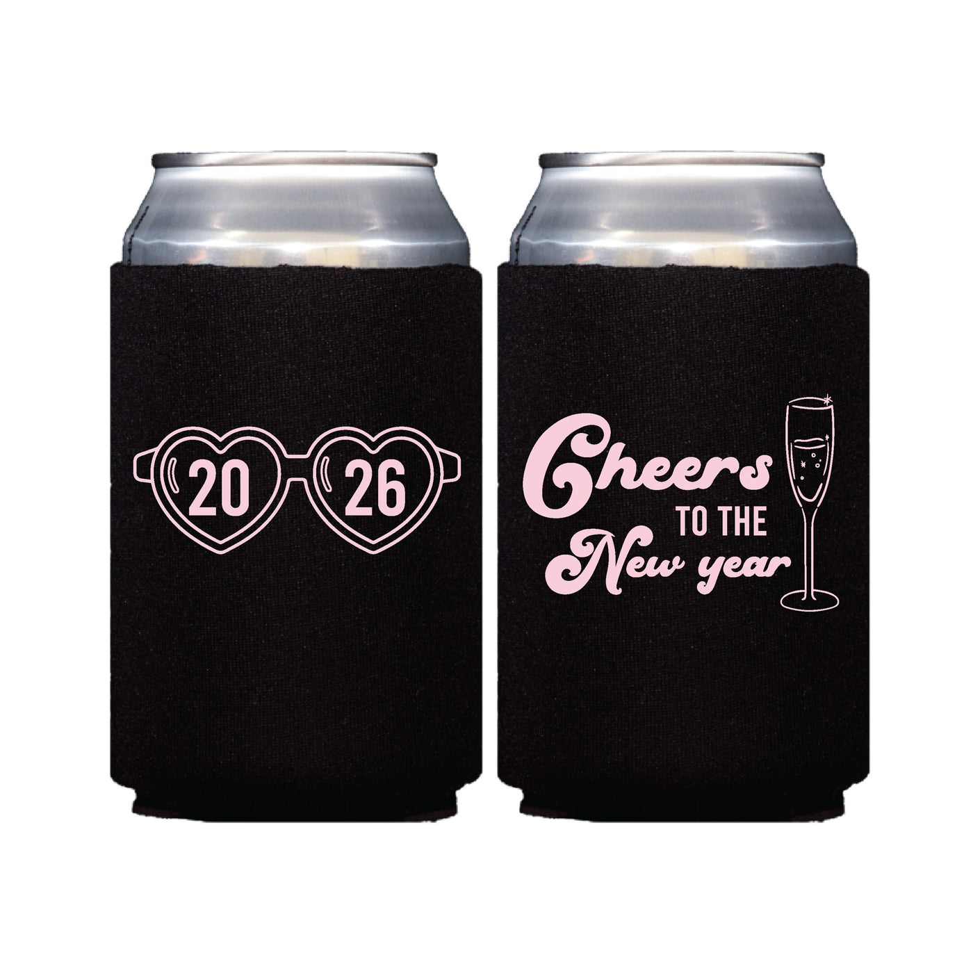 Two black neoprene can coolers are featured, one side depicting pink heart-shaped glasses and the other side showing pink celebratory text with a champagne flute, perfect for keeping beverages cool at a New Year's party.