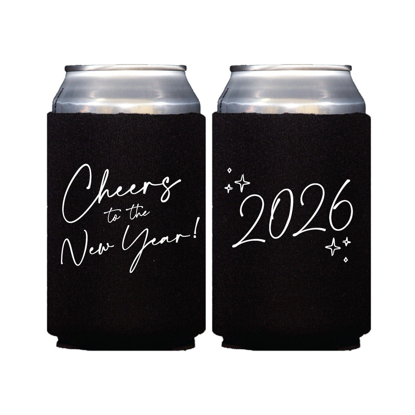 Two black fabric can coolers featuring white celebratory designs, perfect for keeping beverages cool at a New Year's celebration.