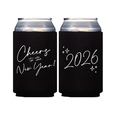 Two black fabric can coolers featuring white celebratory designs, perfect for keeping beverages cool at a New Year's celebration.