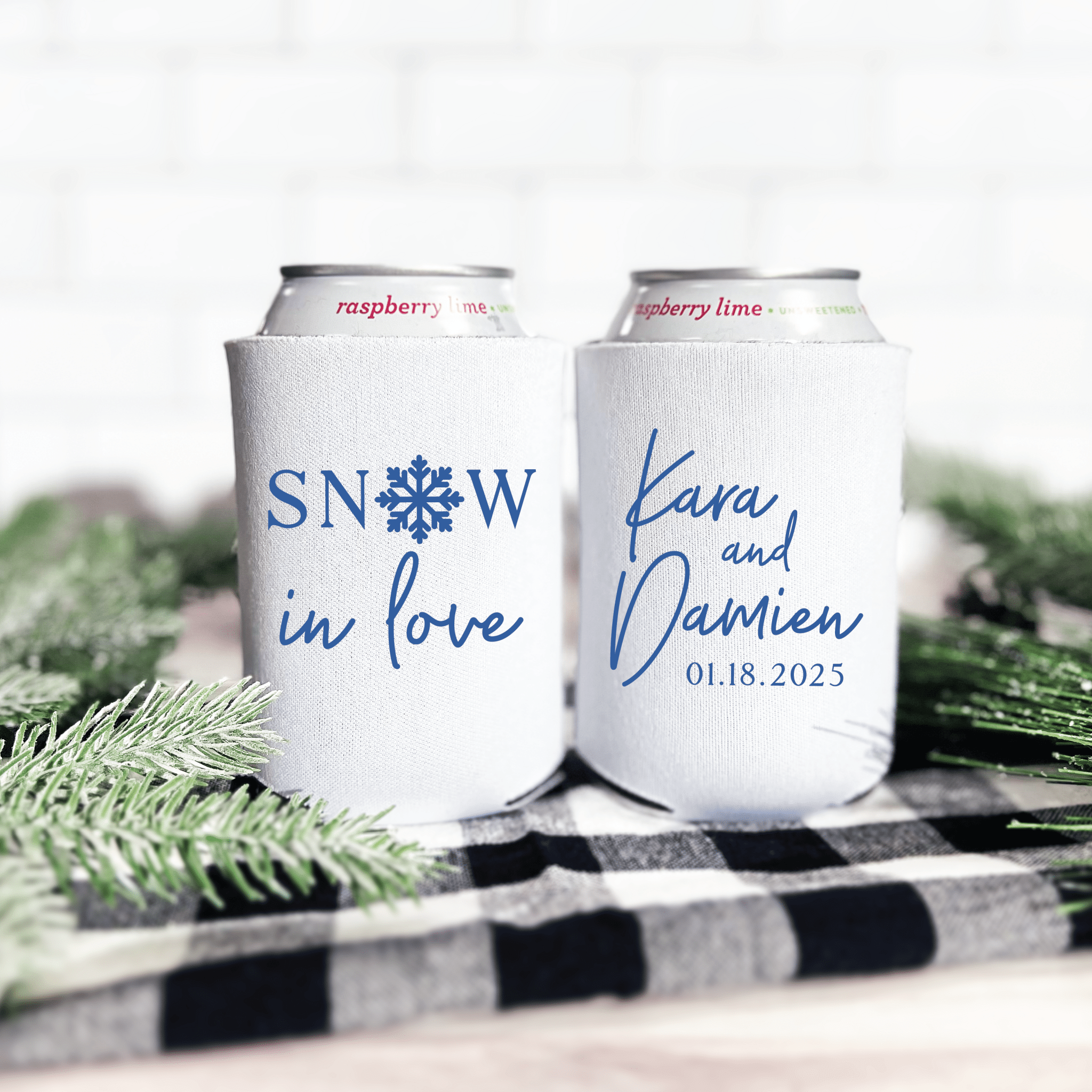 Snow in Love Personalized Wedding Can Coolers - Can Cooler