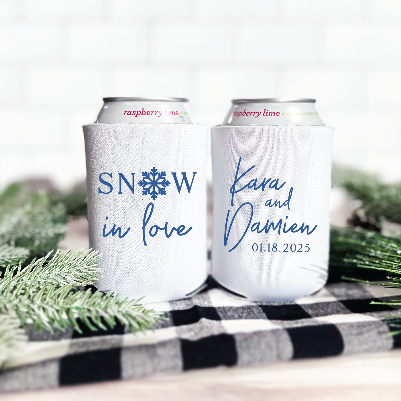 Snow in Love Personalized Wedding Can Coolers