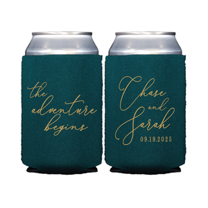 The Adventure Begins Script Wedding Can Coolers