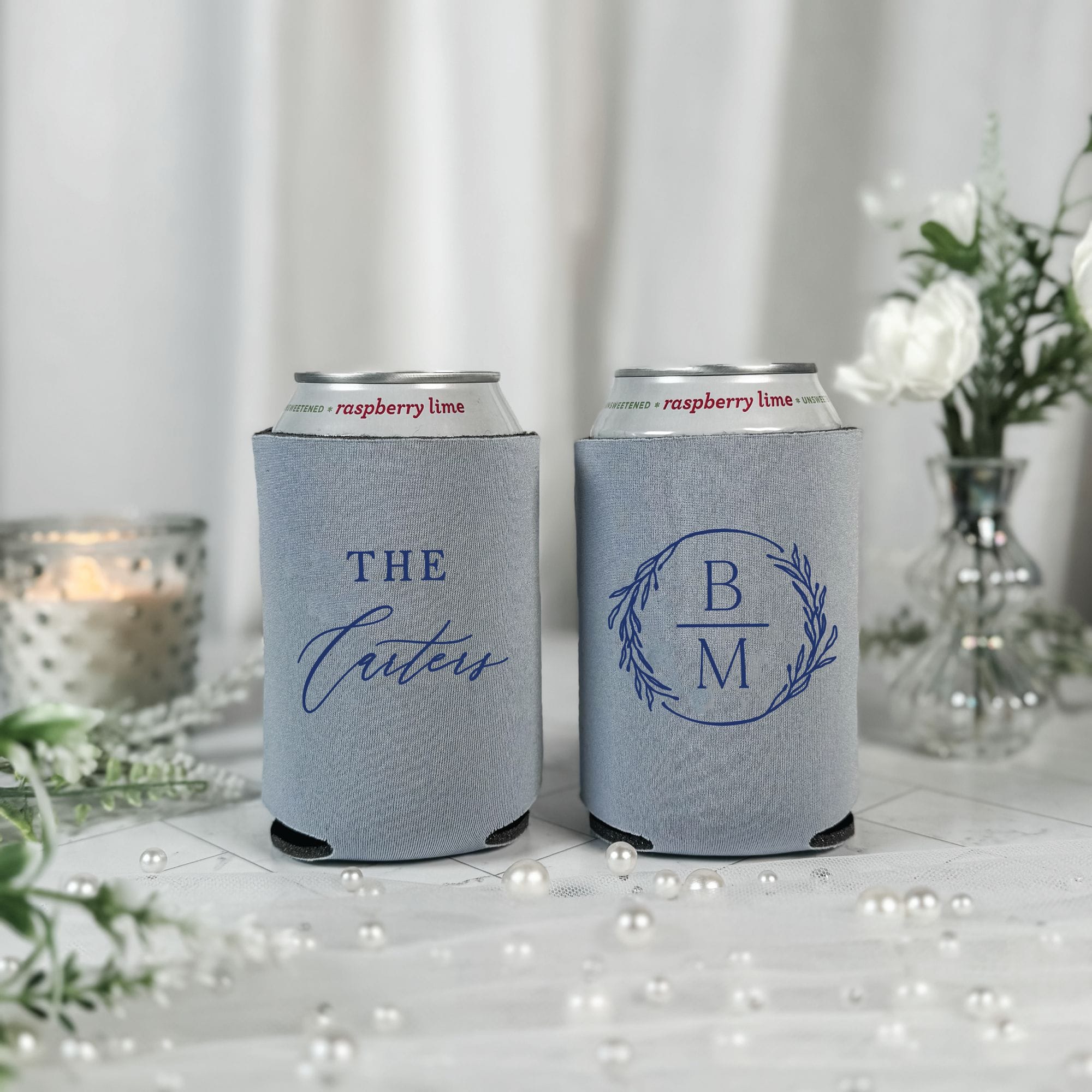 Wreath Monogram Script Wedding Can Cooler Dusty Blue – Rubi and Lib