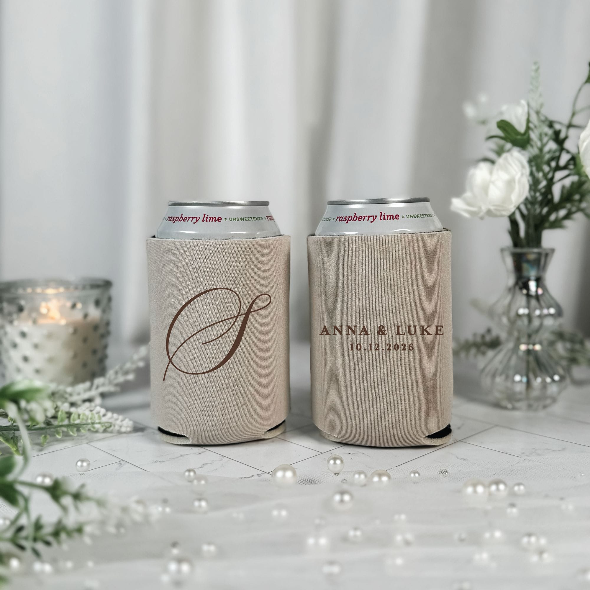 Script Monogram Wedding Can Cooler Natural Linen with Brown Ink Front and Back – Rubi and Lib