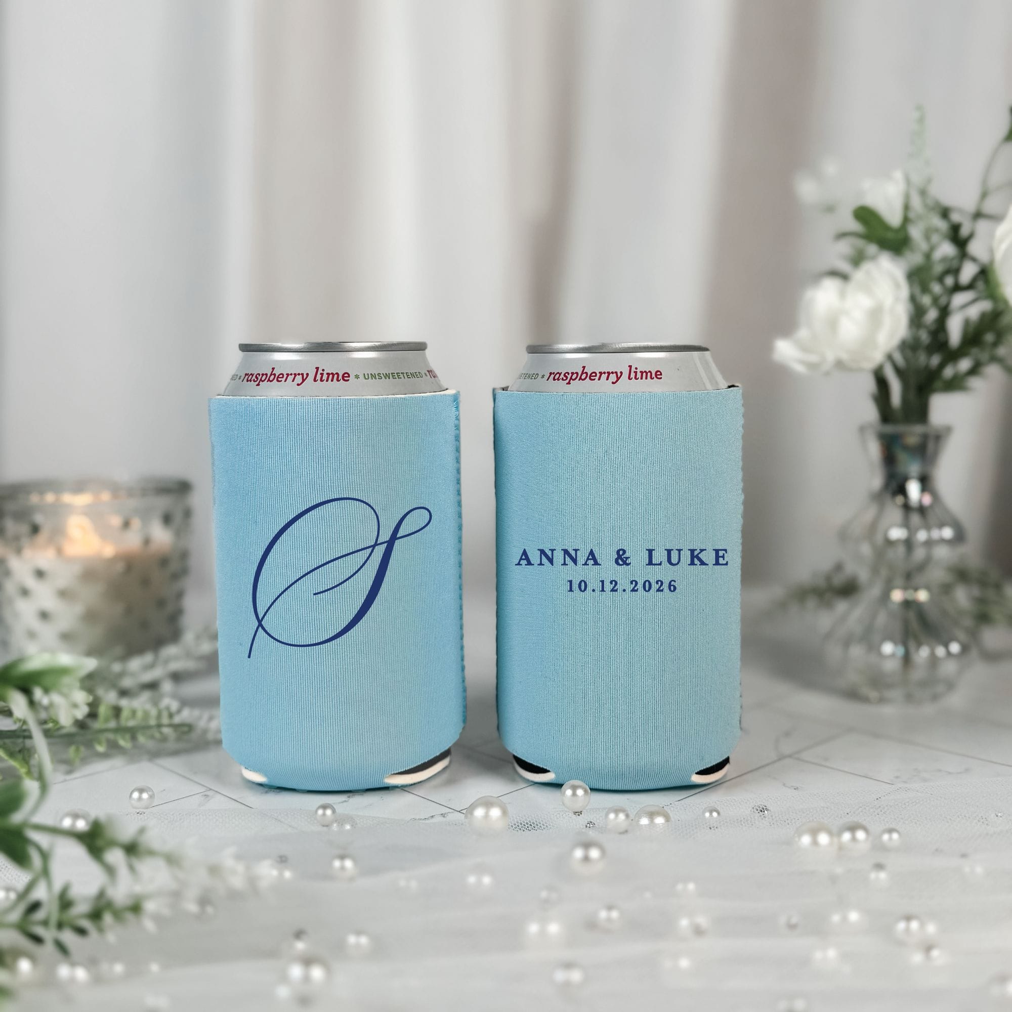Script Monogram Wedding Can Cooler Light Blue with Navy Ink Showing Both Sides – Rubi and Lib