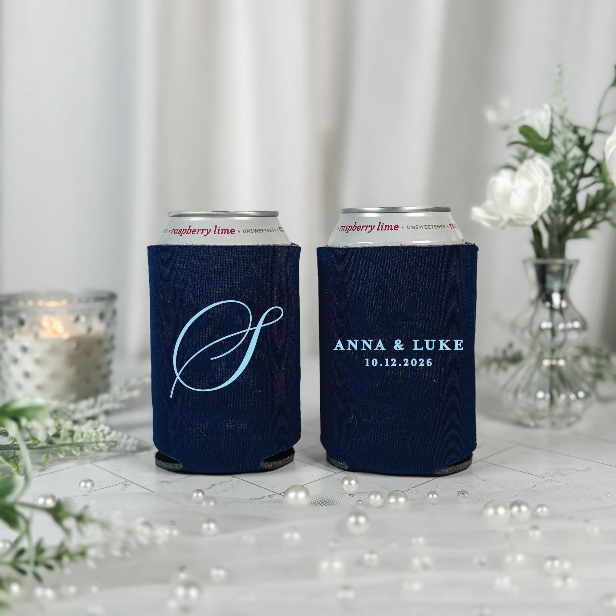 Script Monogram Wedding Can Cooler Navy with Sky Blue Ink Front and Back View – Rubi and Lib