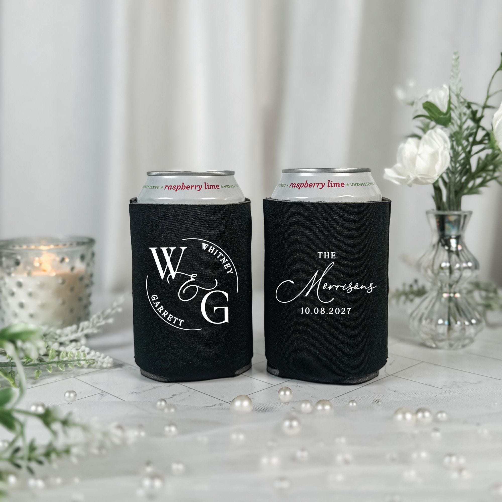 Circle Monogram Crest Wedding Can Cooler Black Both Sides Shown – Rubi and Lib