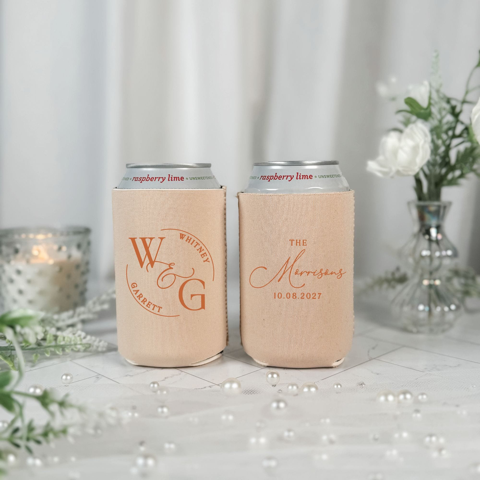 Circle Monogram Crest Wedding Can Cooler Blush Peach Both Sides Shown – Rubi and Lib