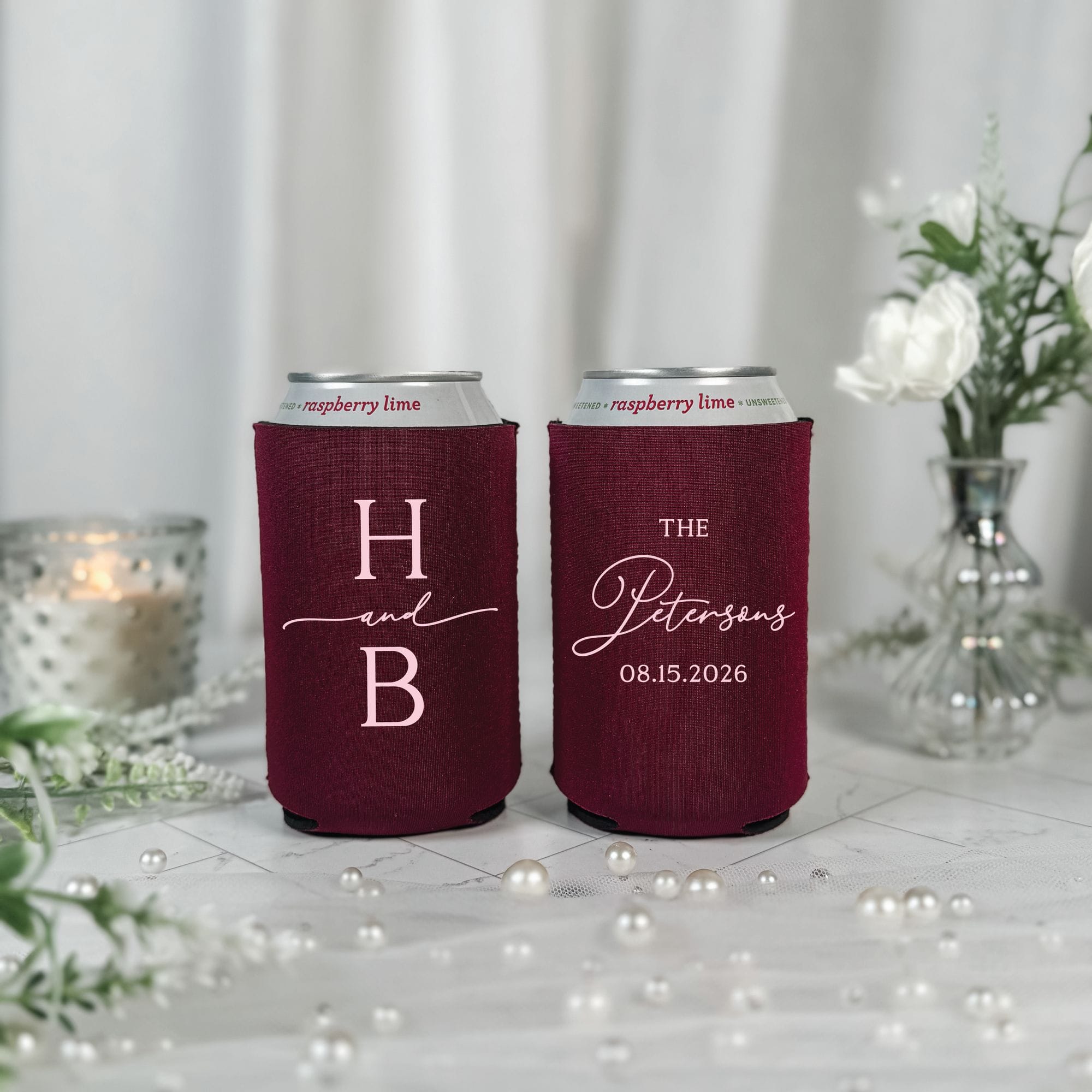 Serif Initial Script Wedding Can Cooler Burgundy Deep Wine Color Both Sides – Rubi and Lib