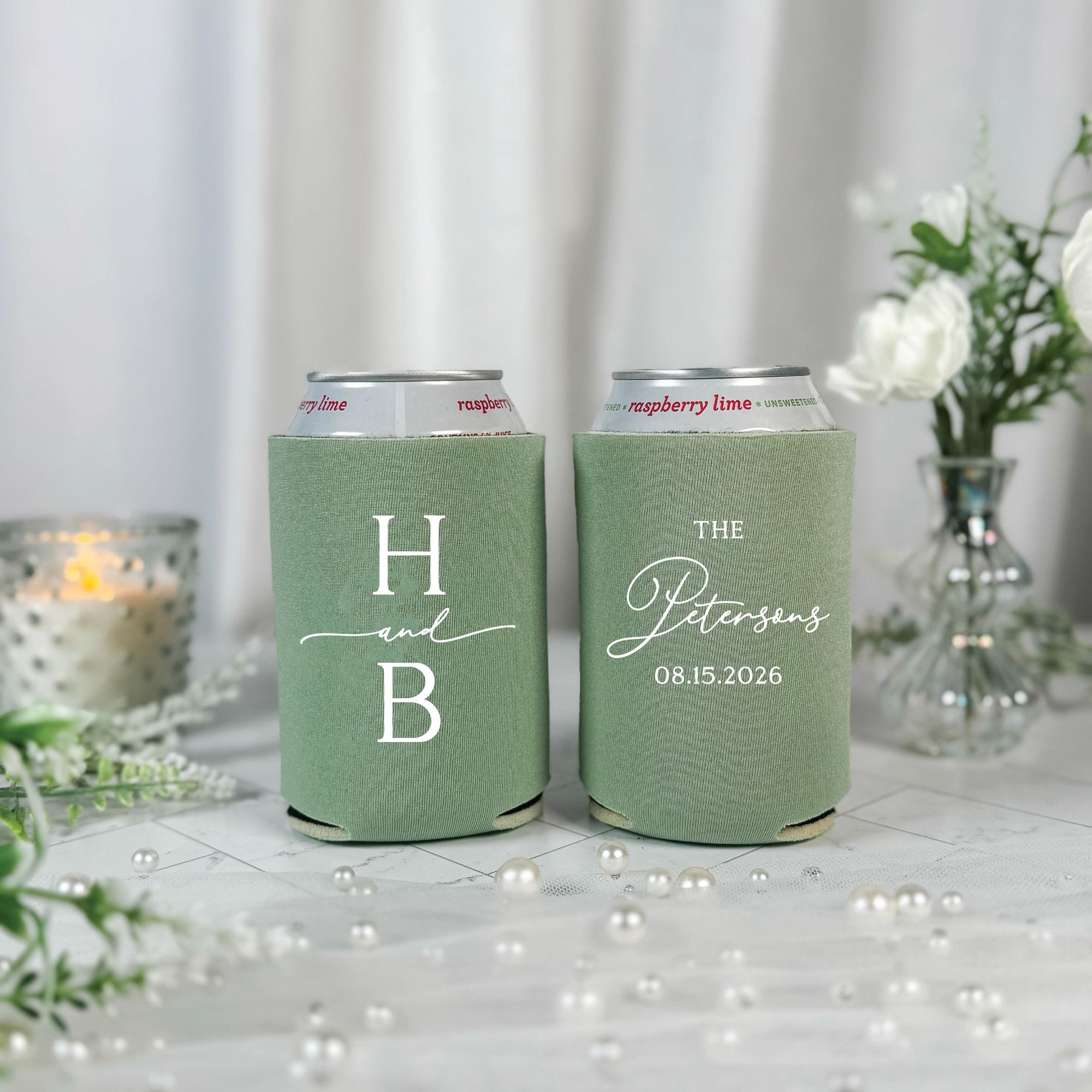 Serif Initial Script Wedding Can Cooler Sage Green Both Sides Shown – Rubi and Lib
