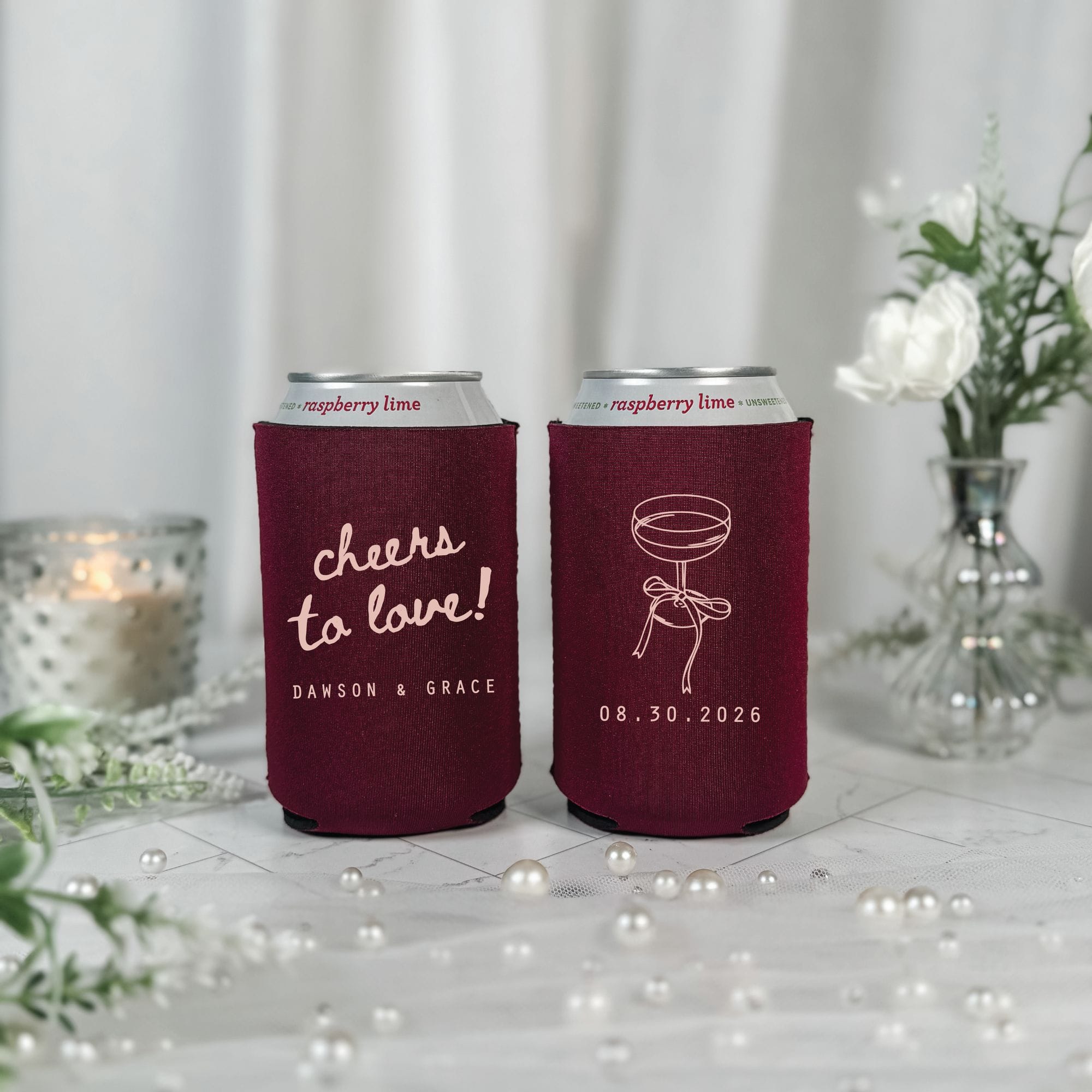 Cheers to Love Script Wedding Can Cooler Burgundy with Blush Print – Rubi and Lib
