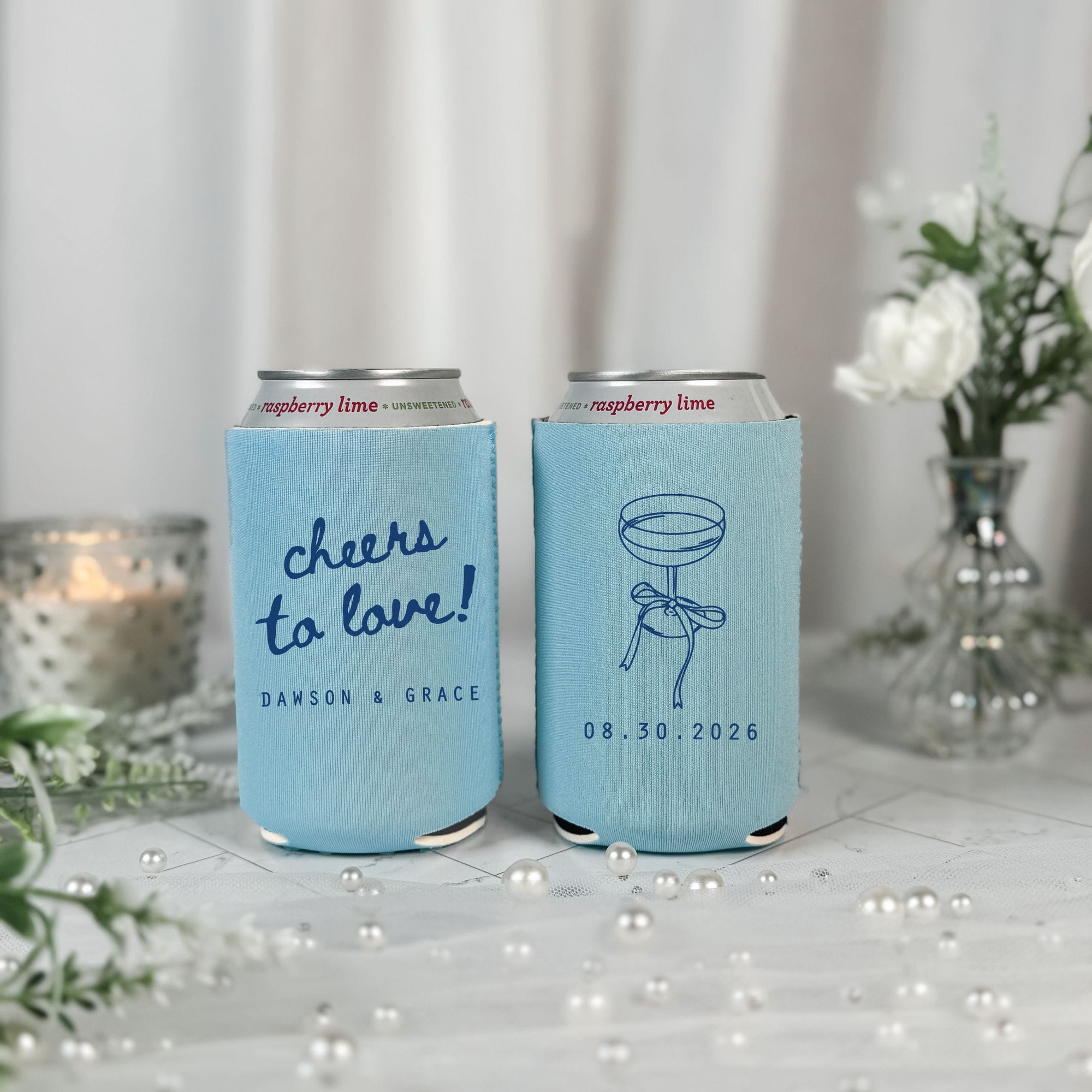 Cheers to Love Script Wedding Can Cooler Light Blue with Navy Print – Rubi and Lib