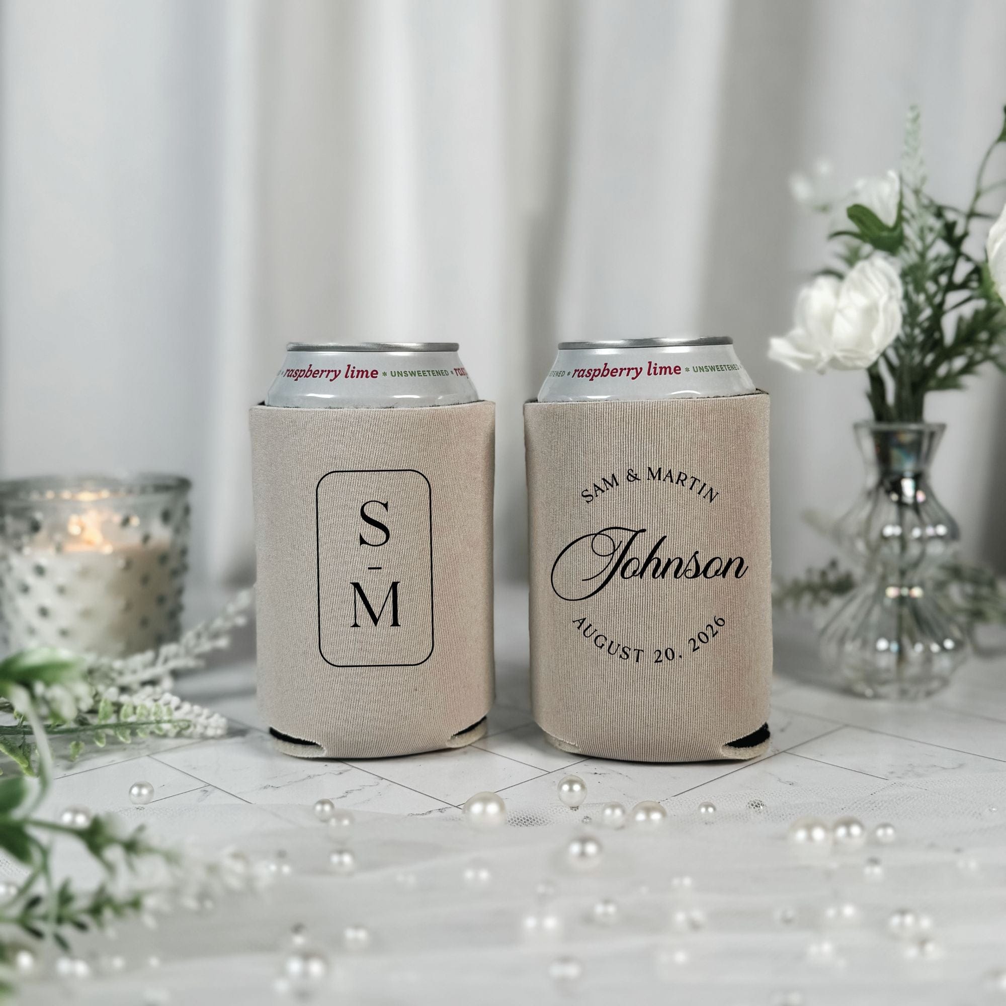 Monogram Script Wedding Can Cooler Natural Linen – Rubi and Lib