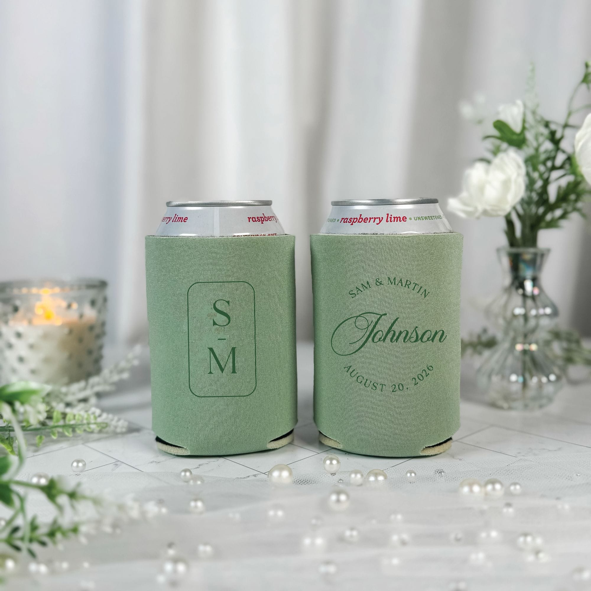 Monogram Script Wedding Can Cooler Sage Green Both Sides – Rubi and Lib