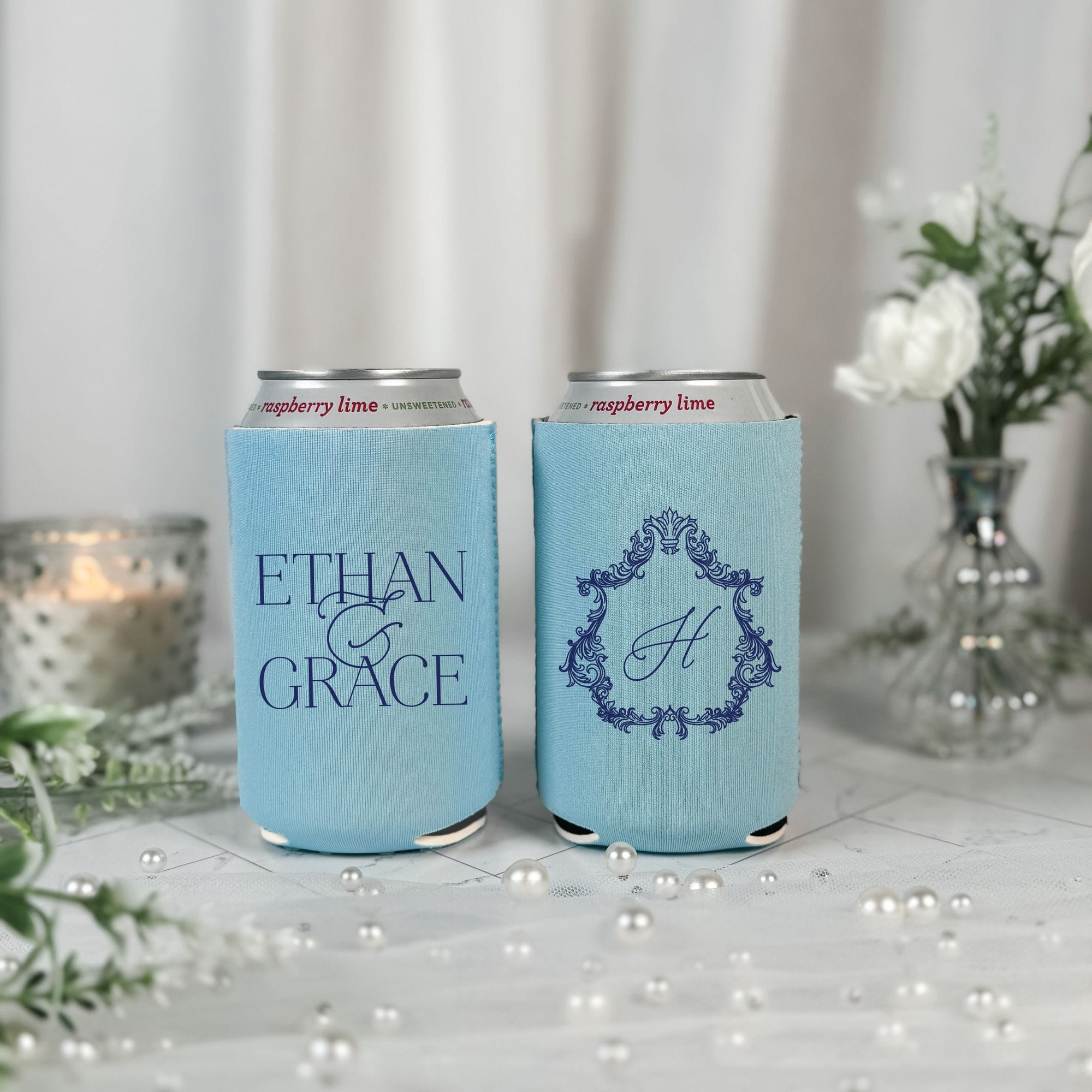 Baroque Crest Monogram Wedding Can Cooler Powder Blue with Navy Print – Rubi and Lib