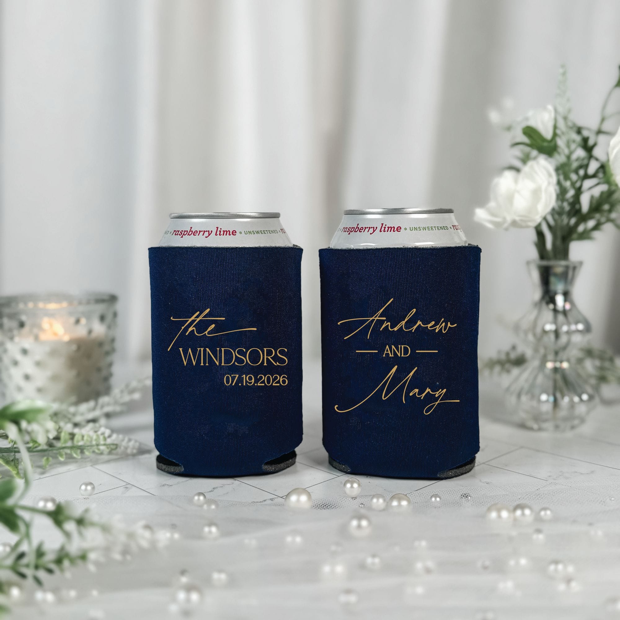Elegant Script Duo Wedding Can Cooler Navy Blue with Gold Print – Rubi and Lib