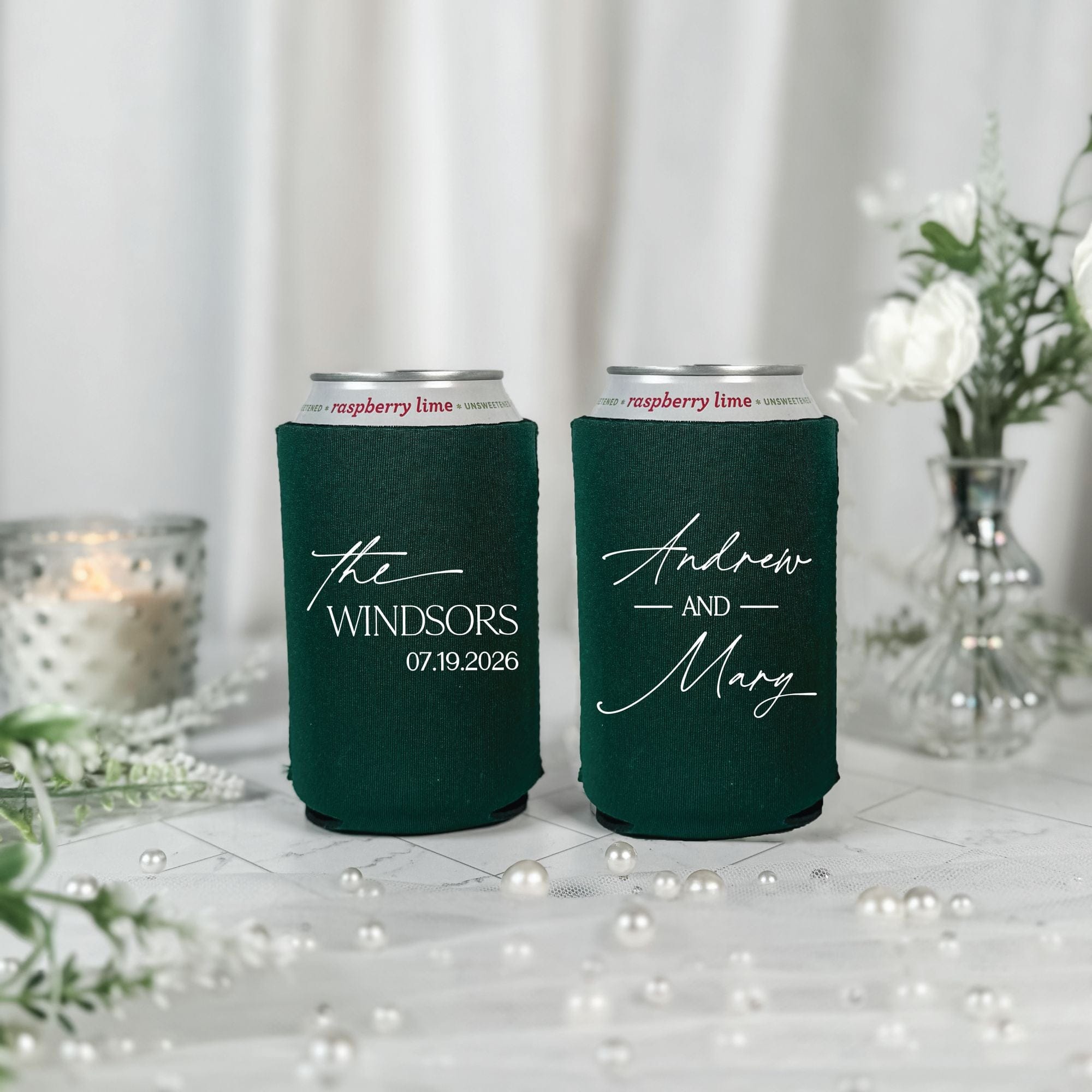 Elegant Script Duo Wedding Can Cooler Forest Green with White Print – Rubi and Lib