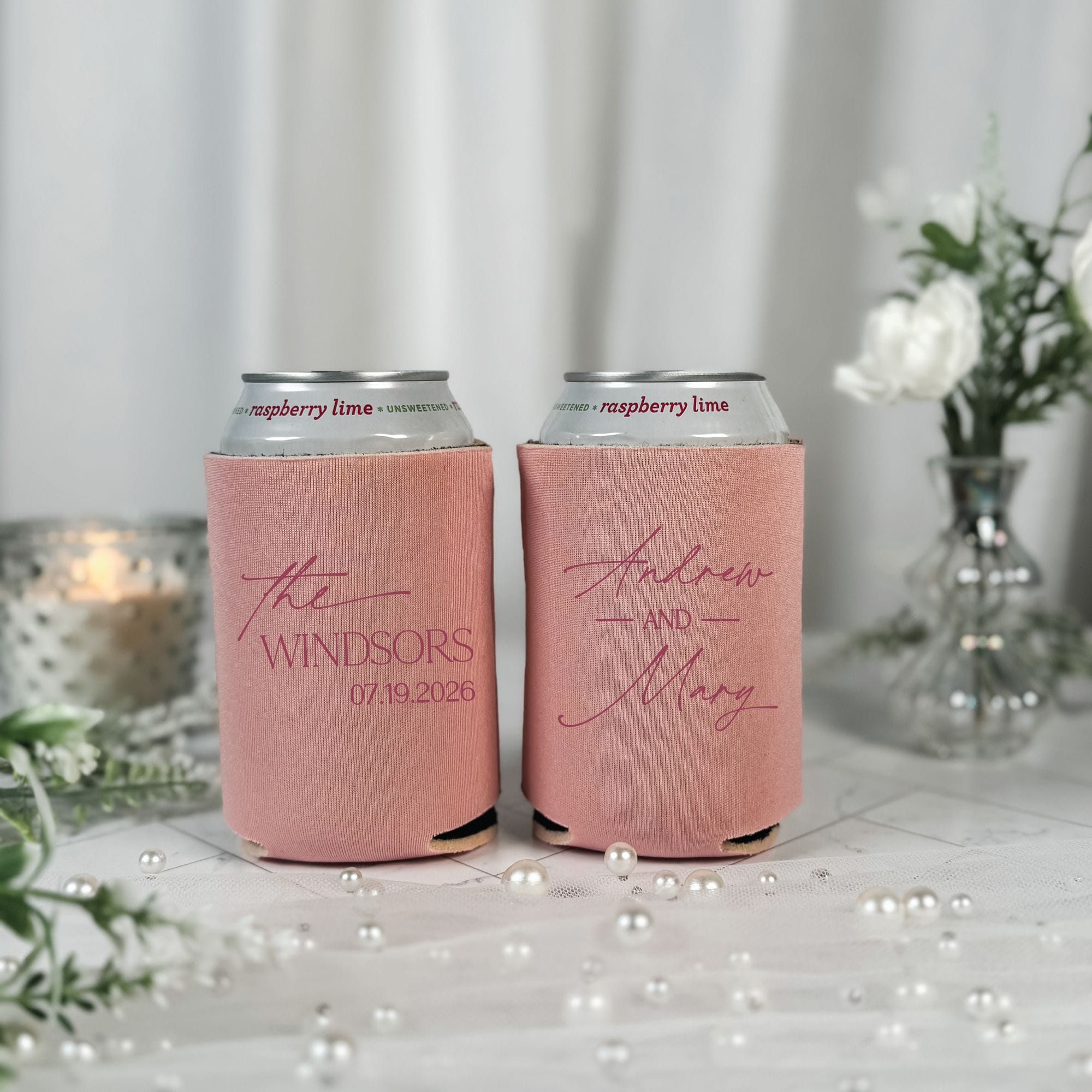 Elegant Script Duo Wedding Can Cooler Blush Pink with Tonal Print – Rubi and Lib