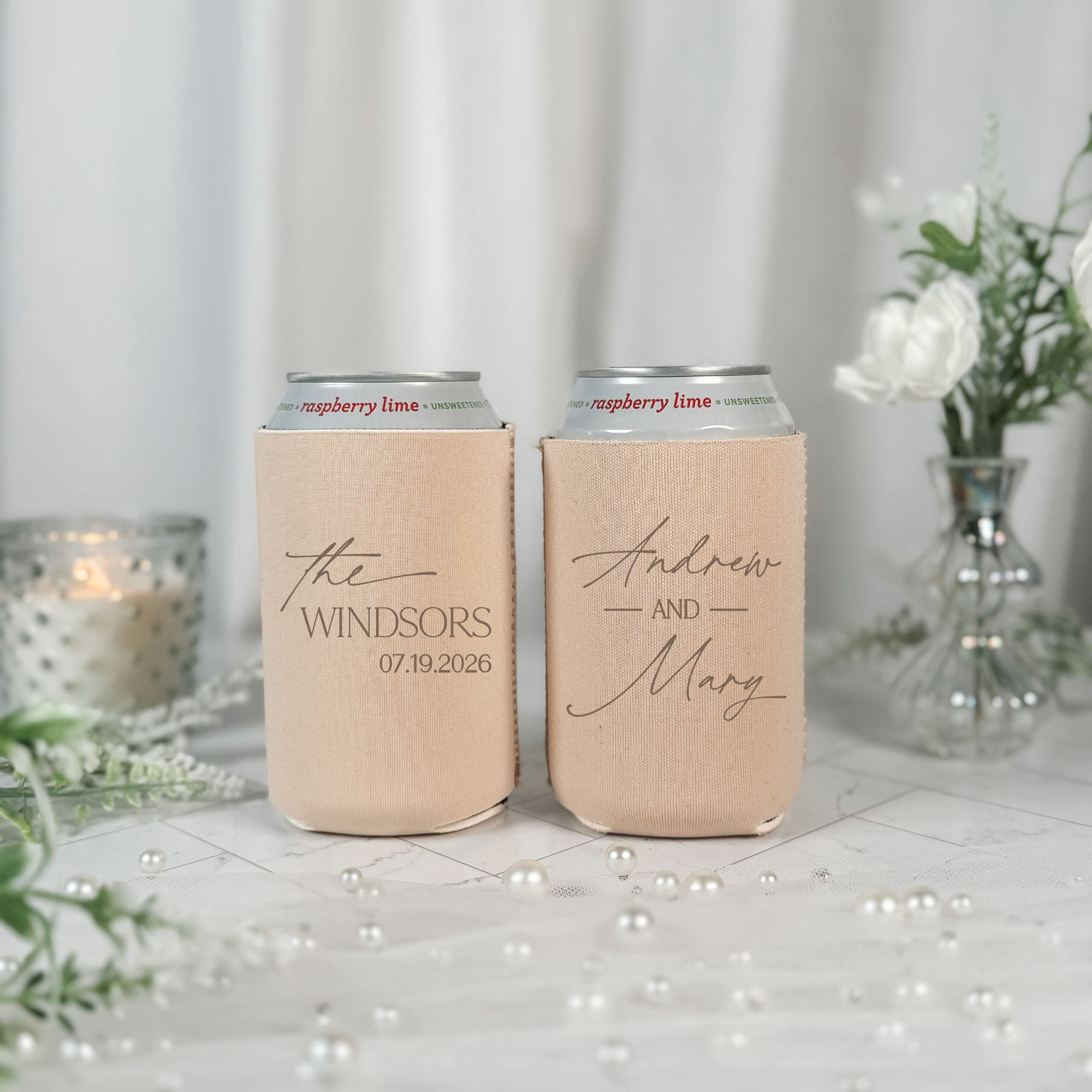 Elegant Script Duo Wedding Can Cooler Natural Tan with Tonal Print – Rubi and Lib