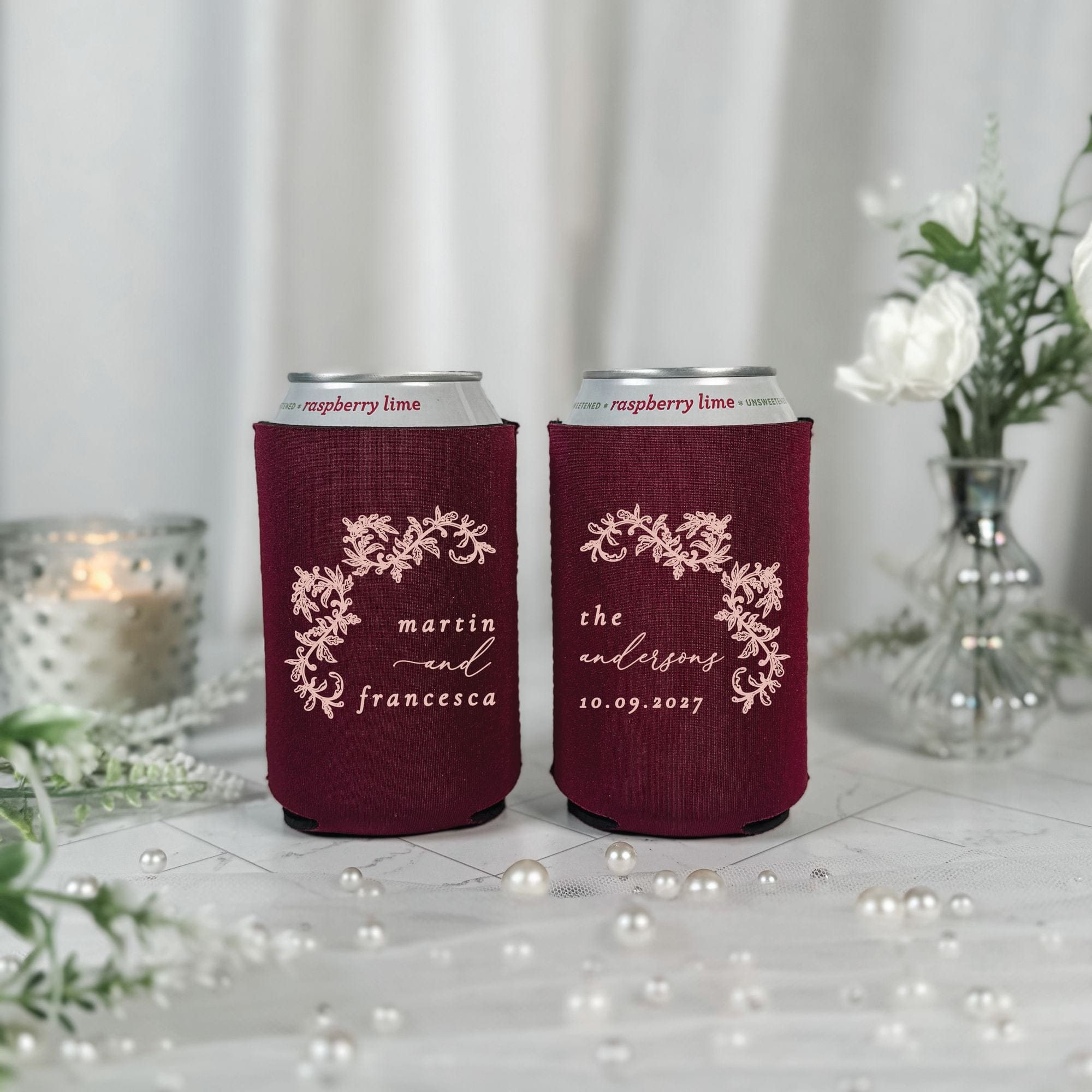 Botanical Arch Wreath Wedding Can Cooler Burgundy with Blush Pink Print – Rubi and Lib