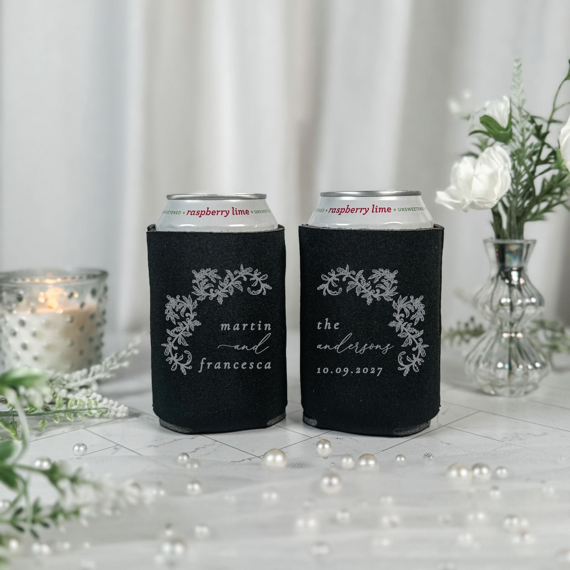 Botanical Arch Wreath Wedding Can Cooler Black with White Print – Rubi and Lib