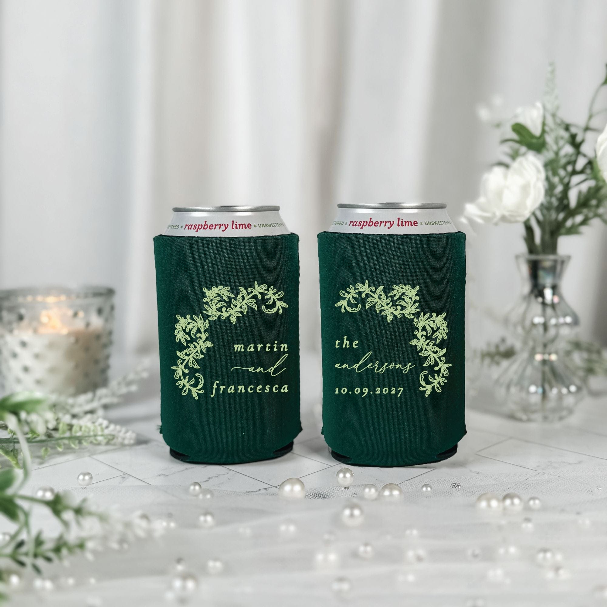 Botanical Arch Wreath Wedding Can Cooler Hunter Green with Sage Print – Rubi and Lib
