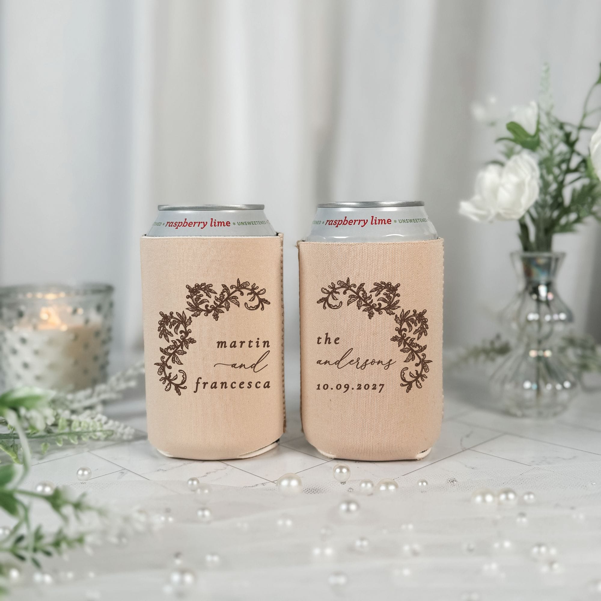 Botanical Arch Wreath Wedding Can Cooler Blush Nude with Brown Print – Rubi and Lib