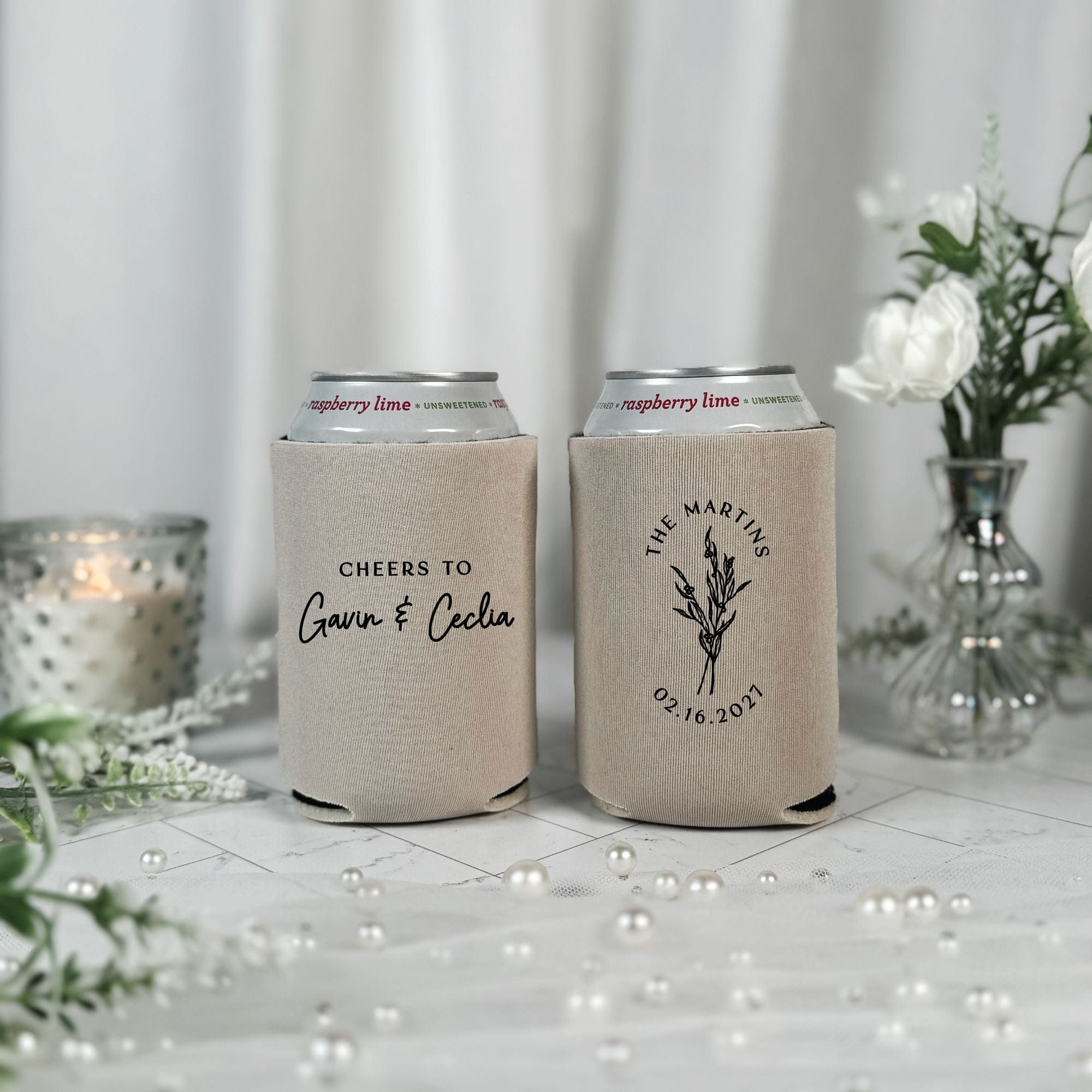 Botanical Script Wedding Can Cooler Natural Linen – Rubi and Lib