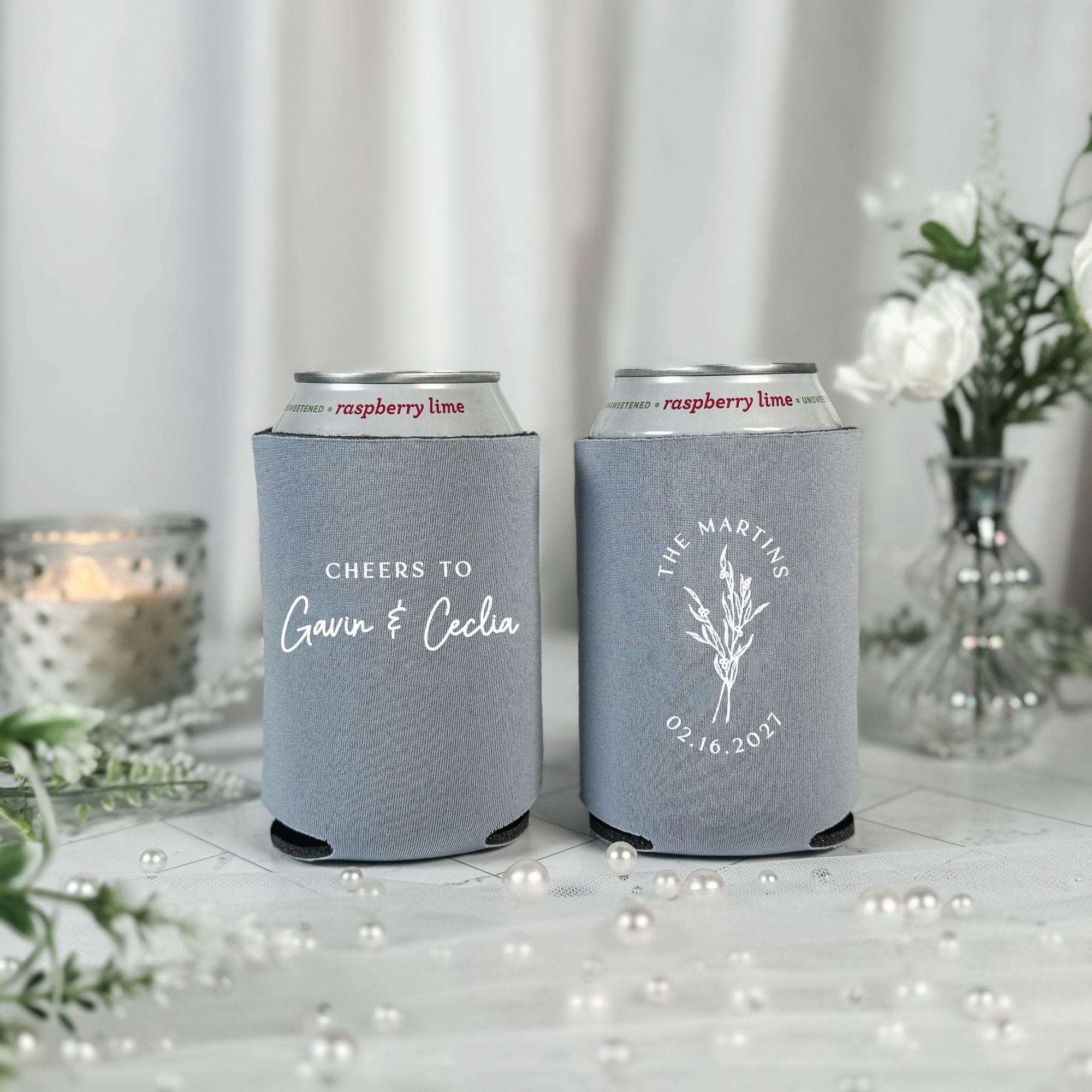 Botanical Script Wedding Can Cooler Dusty Blue – Rubi and Lib