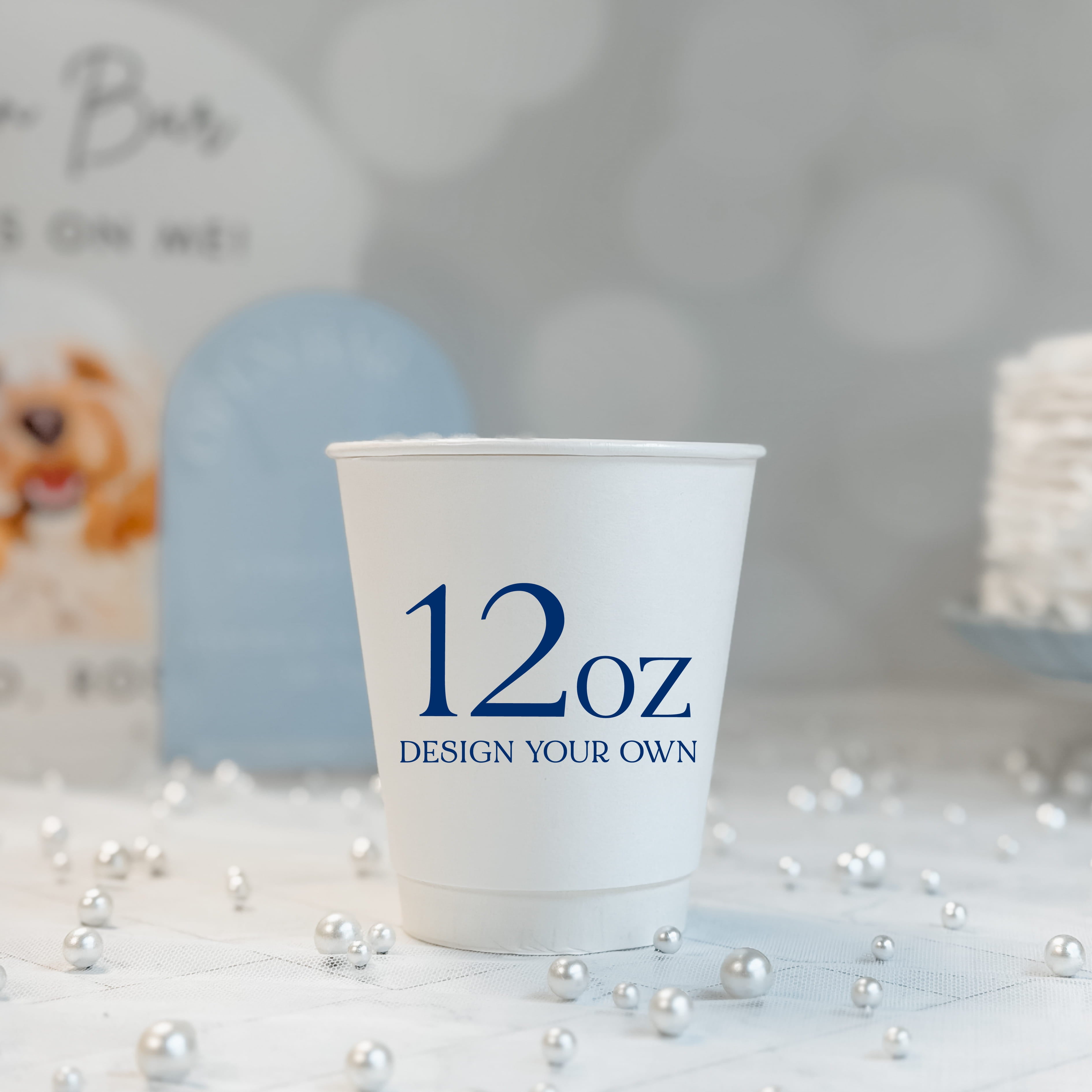 12 oz white paper cup with a custom navy design printed on the front for weddings and showers