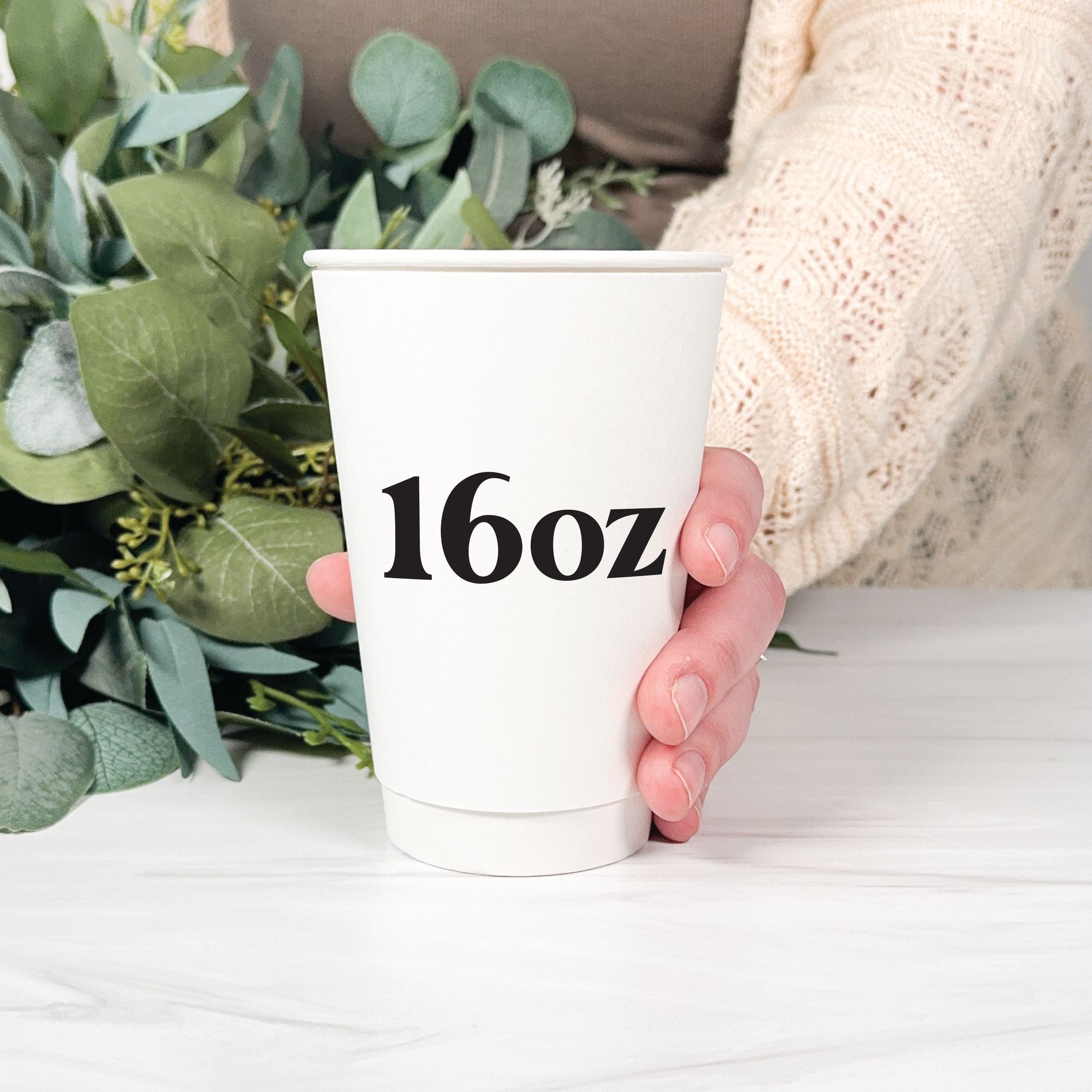Custom Paper Wedding Cups Design Your Own 16oz white double-wall cup styled with greenery – Rubi and Lib