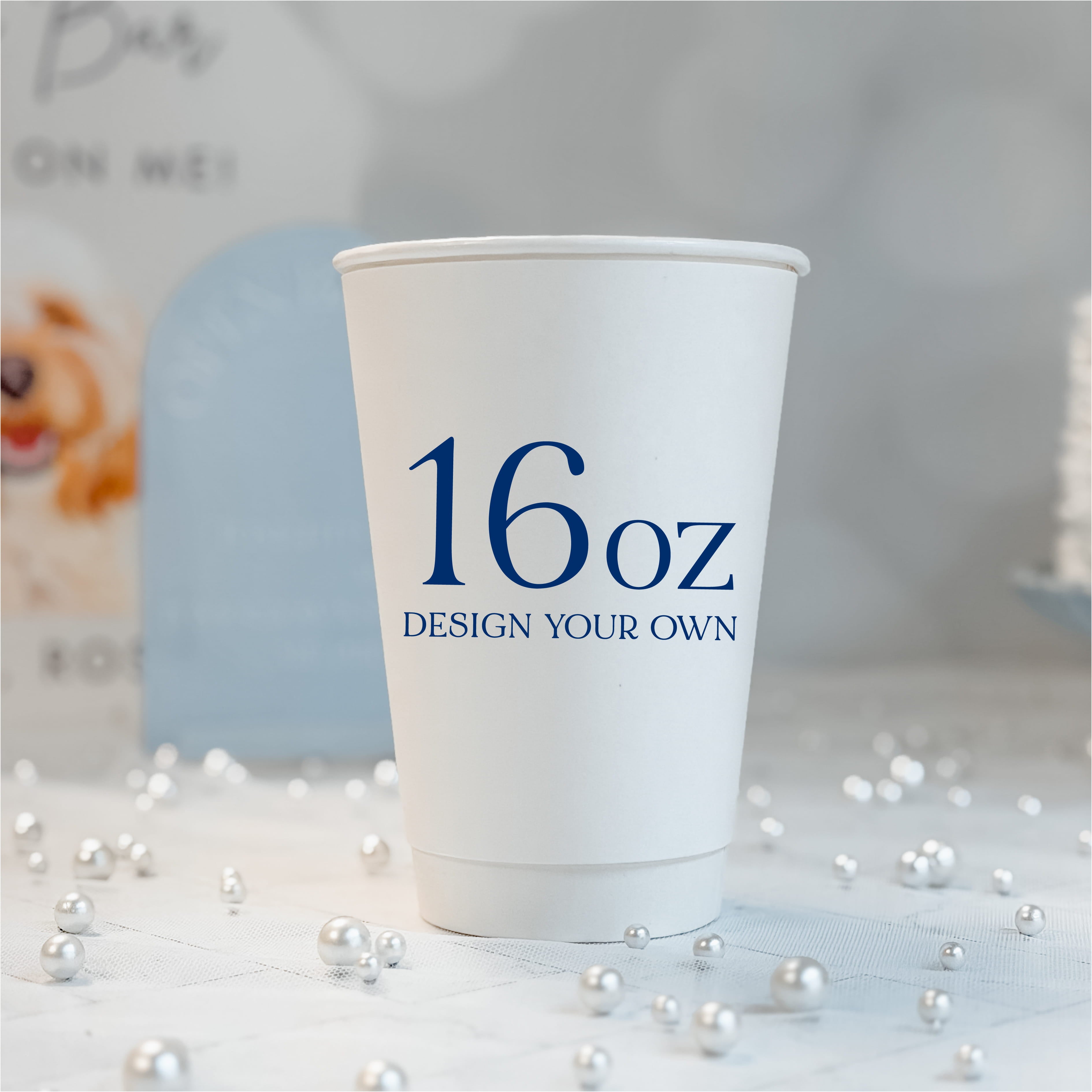 16 oz white paper cup with a custom navy design printed on the front for weddings and showers