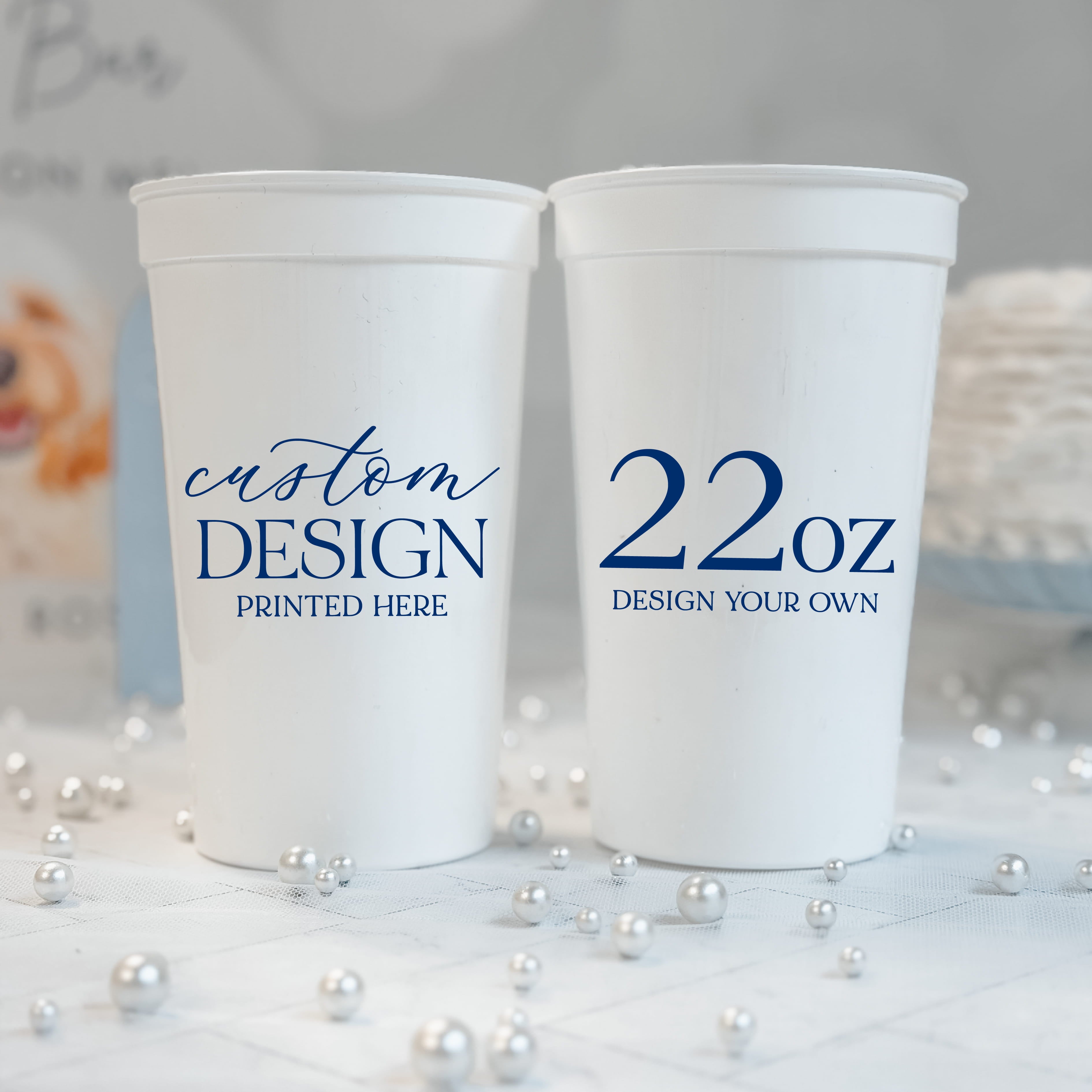 22 oz white stadium cup printed with a custom navy design, personalized reusable party cup