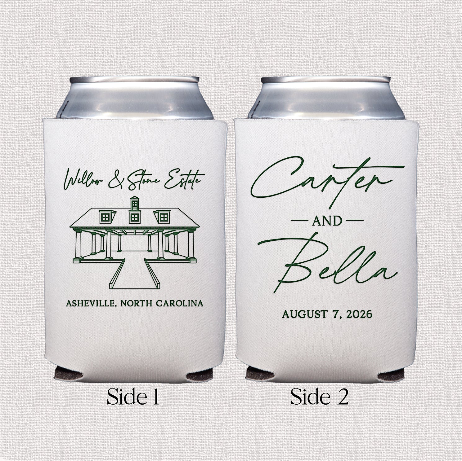 Personalized standard can coolers with venue stacked names wedding design displayed upright