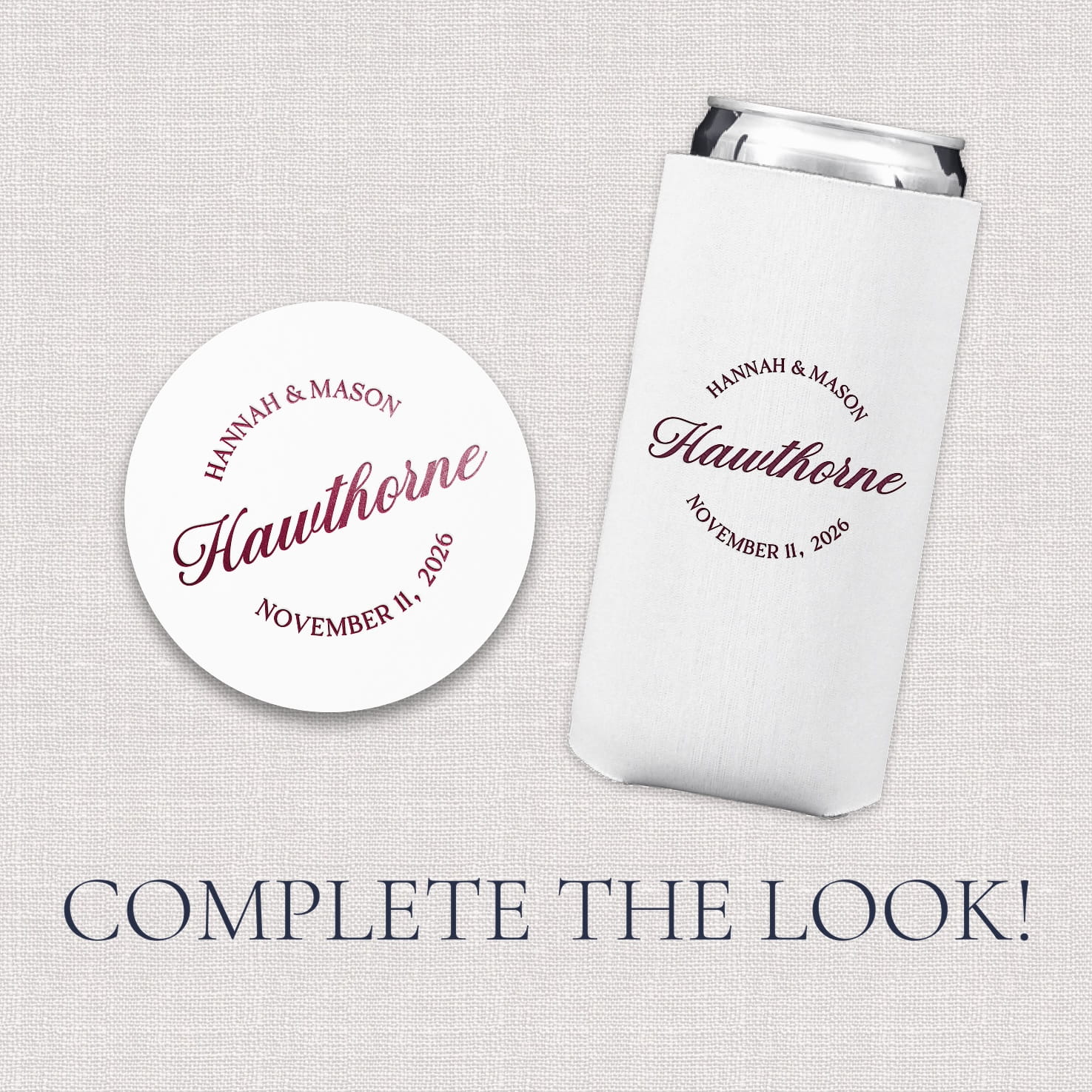 Venue Sketch Wedding Bundle upsell photo showing slim can cooler and coaster add-on options