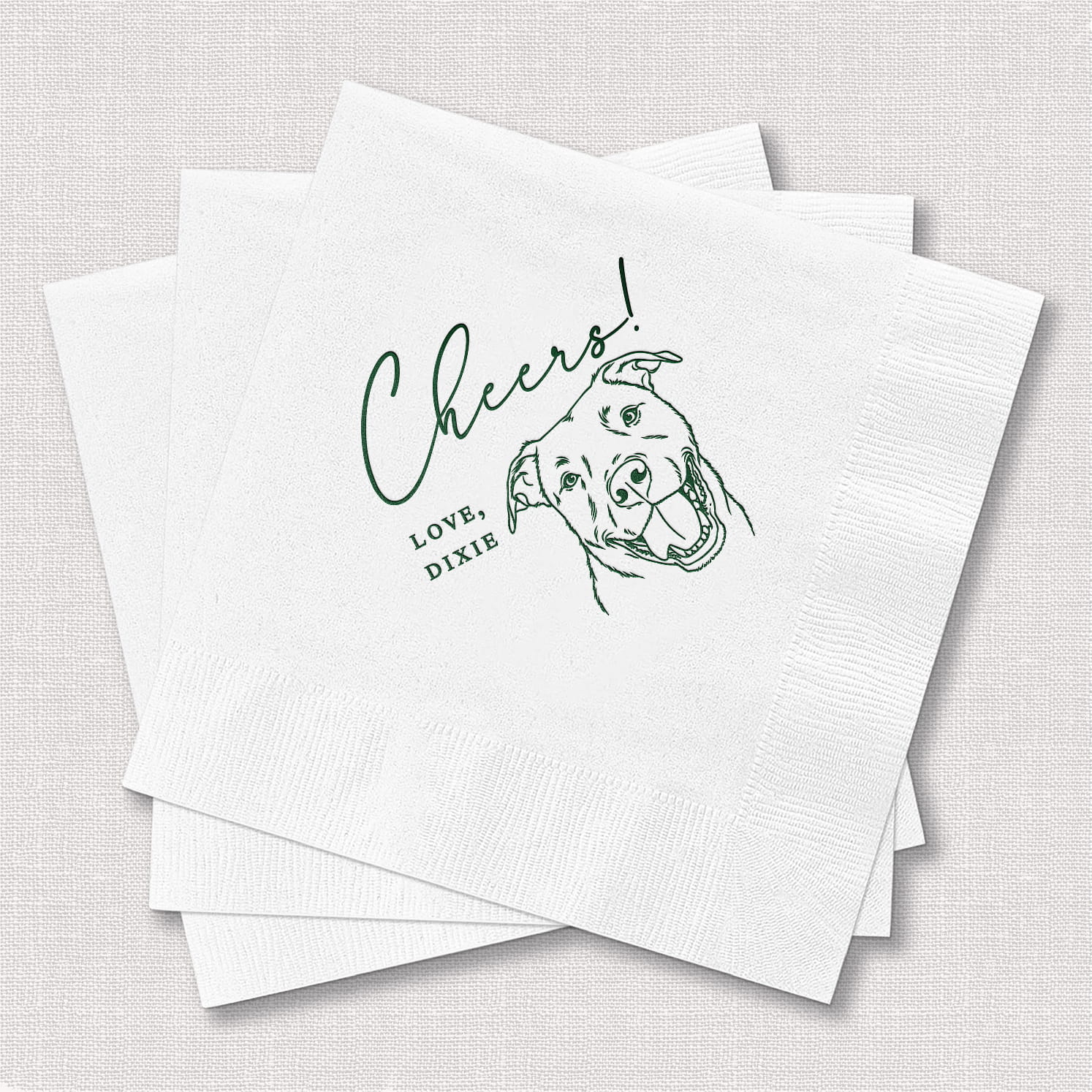 Custom Pet Cheers cocktail napkins — personalized pet wedding napkins with Cheers Love Pet Name design