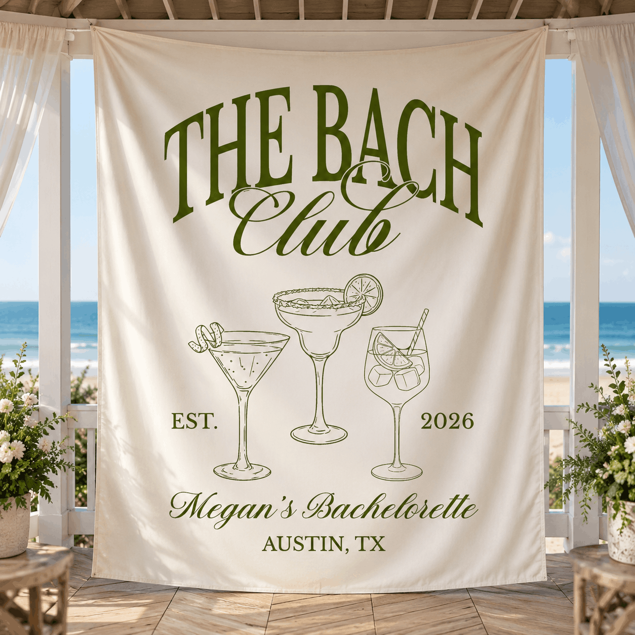 The Bach Club bachelorette tapestry banner personalized with bride name and date - full design view