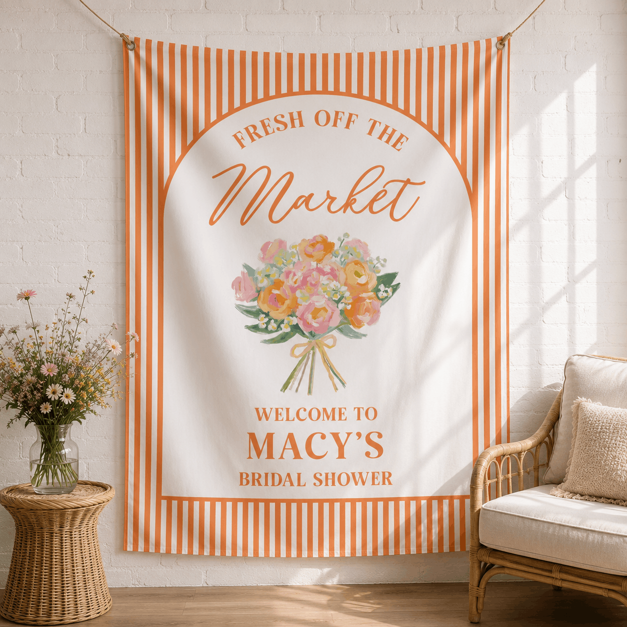 Personalized Fresh Off the Market bachelorette party tapestry banner - Design 2, custom name and date portrait backdrop