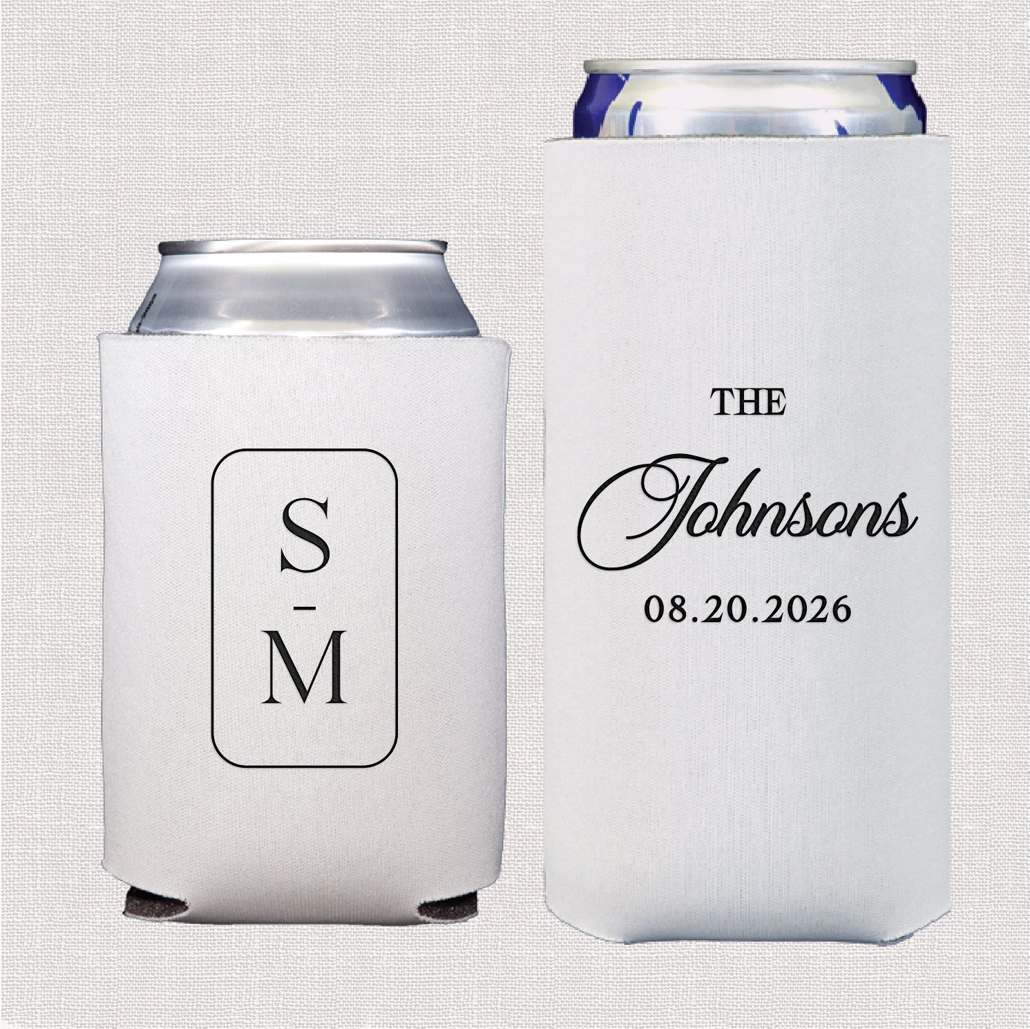 Modern monogram wedding bundle featuring personalized standard and slim can coolers with modern monogram design