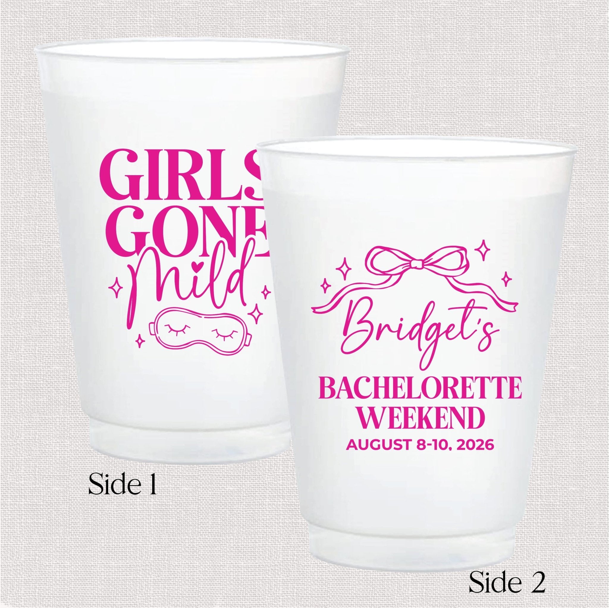 Girls Gone Mild bachelorette shatterproof cups styled on a table setting