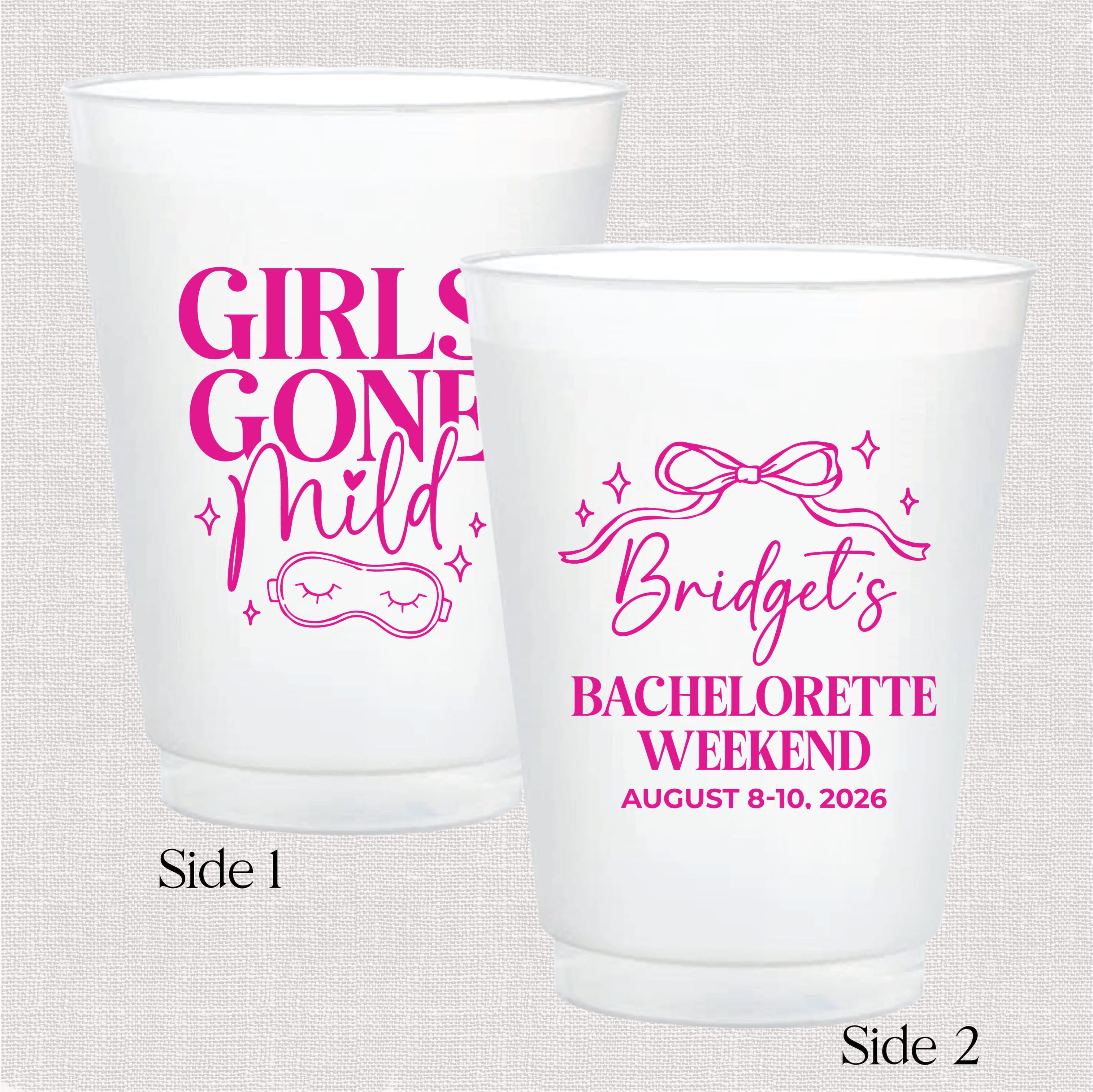 Girls Gone Mild bachelorette shatterproof cups styled on a table setting