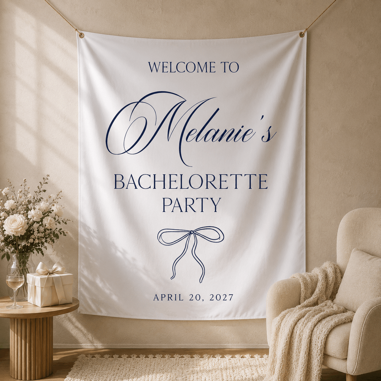 Personalized bachelorette party bow tapestry banner - Bow Design 2, custom name backdrop for bachelorette weekend