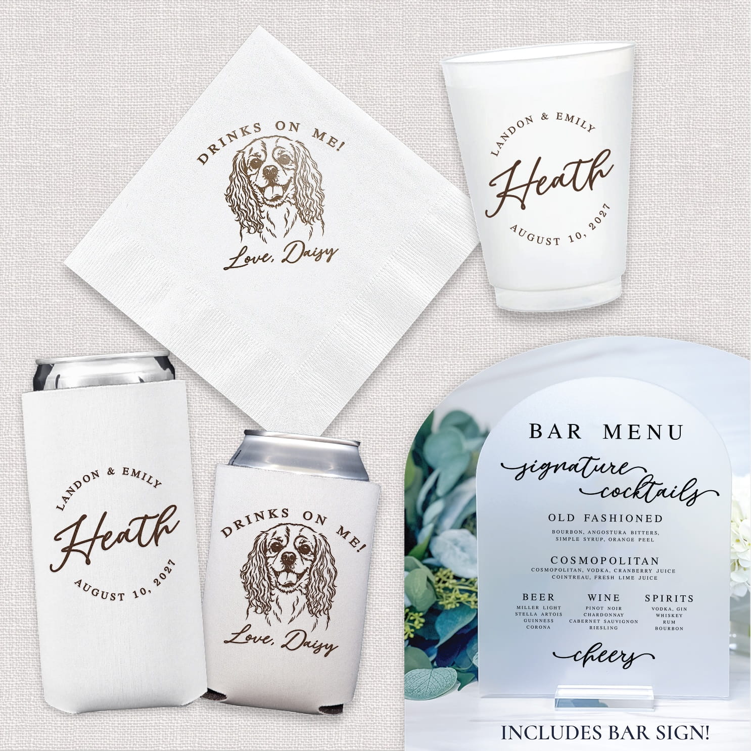 Drinks on Me pet wedding bundle — complete bar suite with cocktail napkins, frosted cups, can coolers, and acrylic arch bar menu